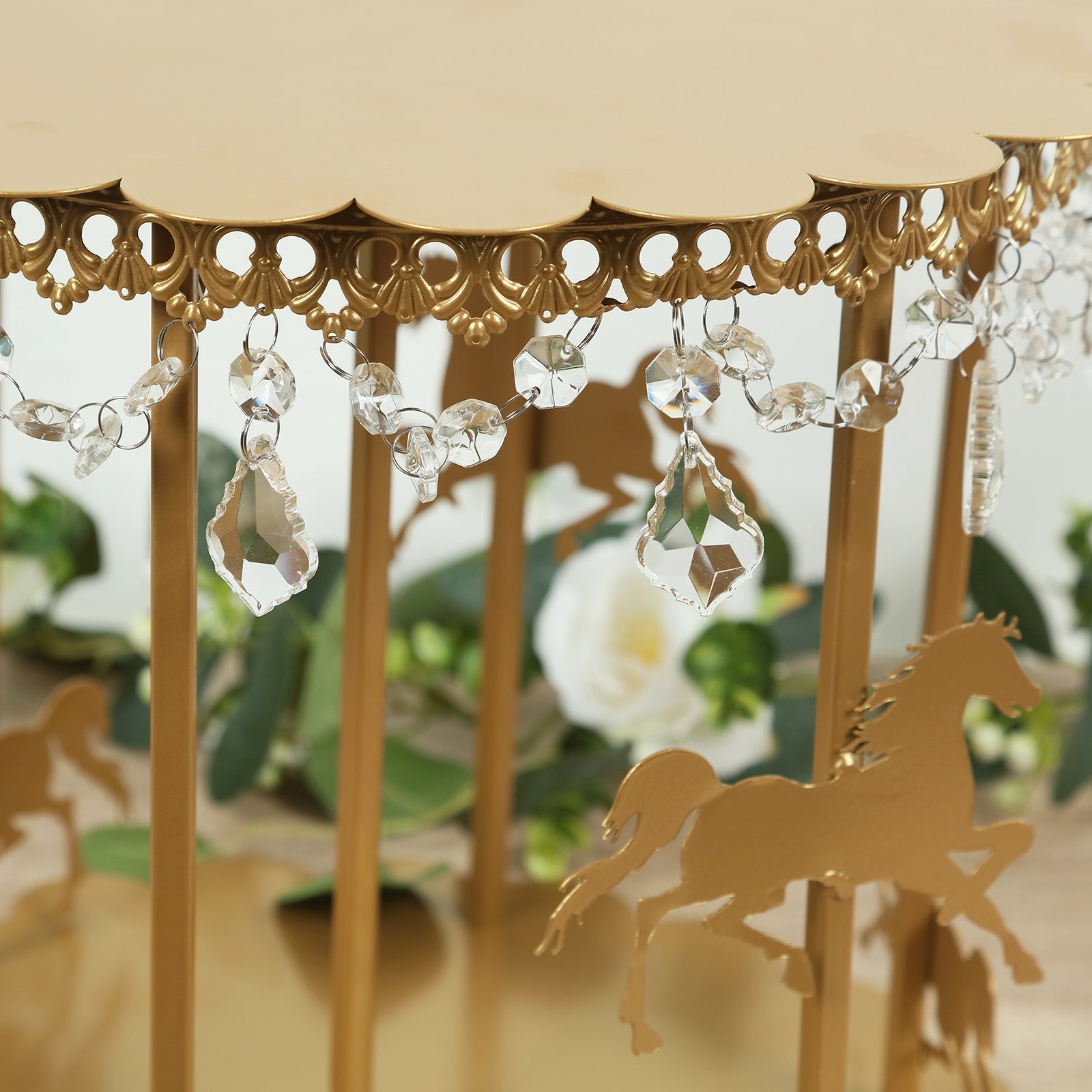 Metal Round Pedestal Cake Stand Gold Carousel Design with Hanging Acrylic Beads - Luxurious Dessert Display Centerpiece Holder for Cupcakes & Pastries 14"