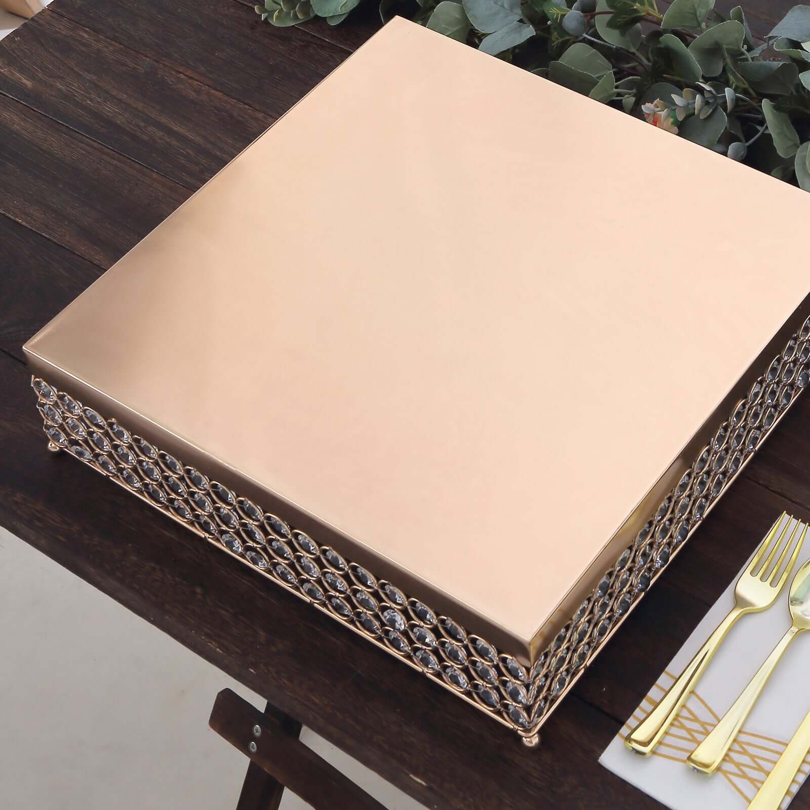Metal Cake Stand Square Design with Crystal Beads Gold - Dessert Pedestal for Events 16"
