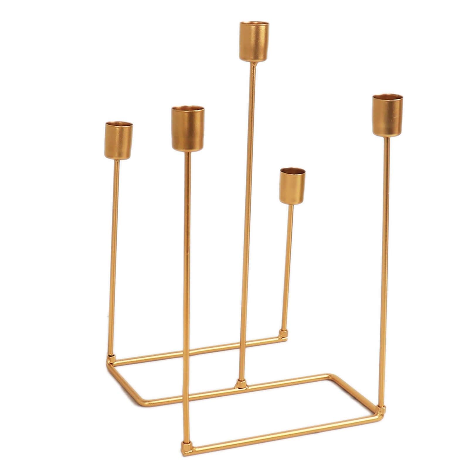 Taper Candle Holder Gold Metal 5-Arm Geometric Candelabra Design - Decorative Piece for Banquets and Celebrations 12"