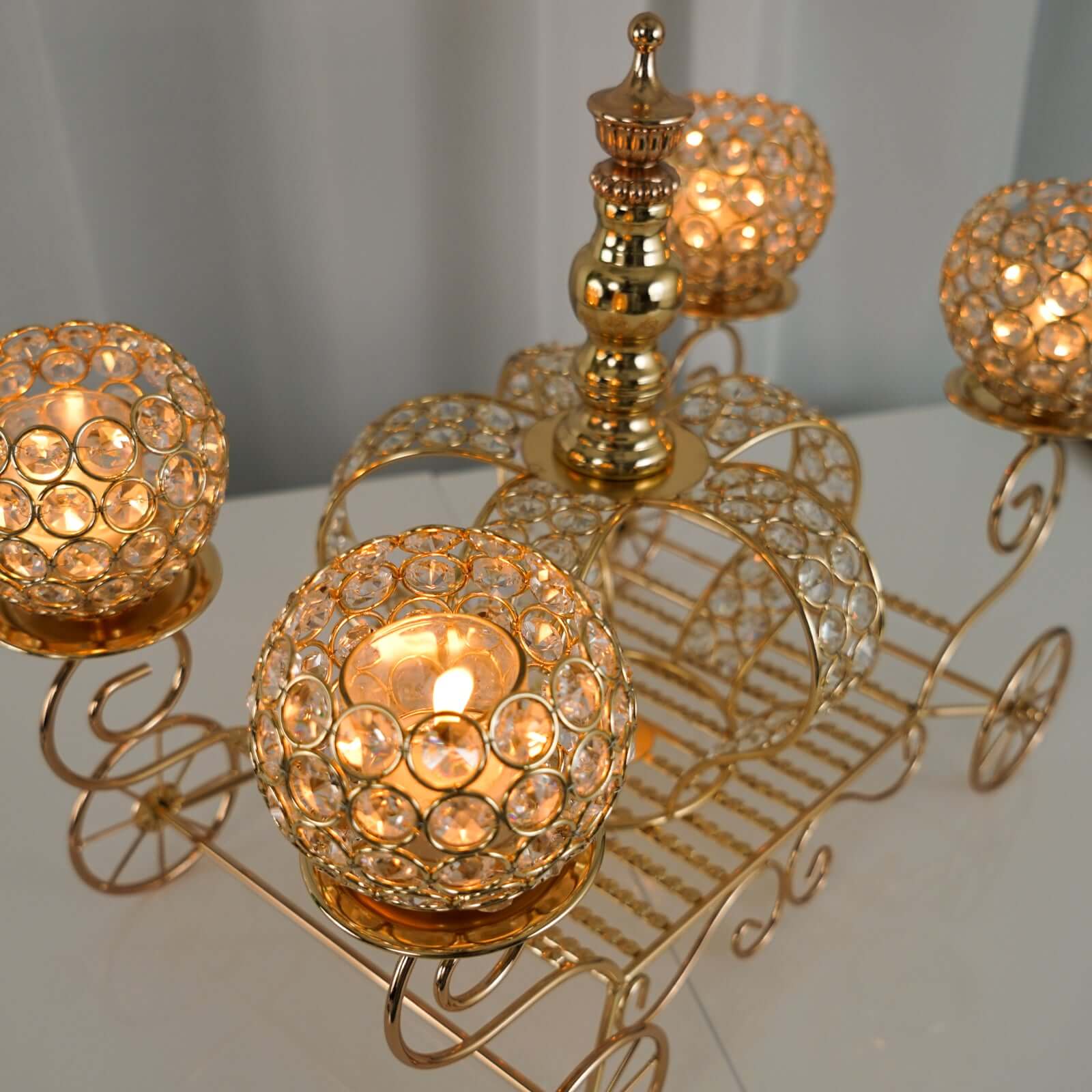 Candle Holder 4-Arm Gold Metal Crystal Cinderella Carriage Wedding Centerpiece - Decorative Display 18"