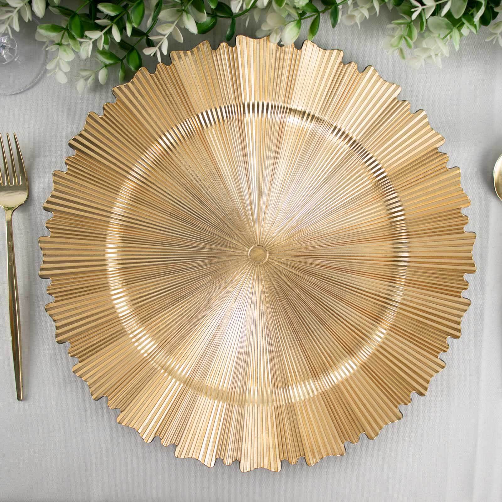 6-Pack Acrylic Plastic Round Charger Plates 13" in Metallic Gold with Sunray Scalloped Rim, Decorative Dinner Party Charger Tableware