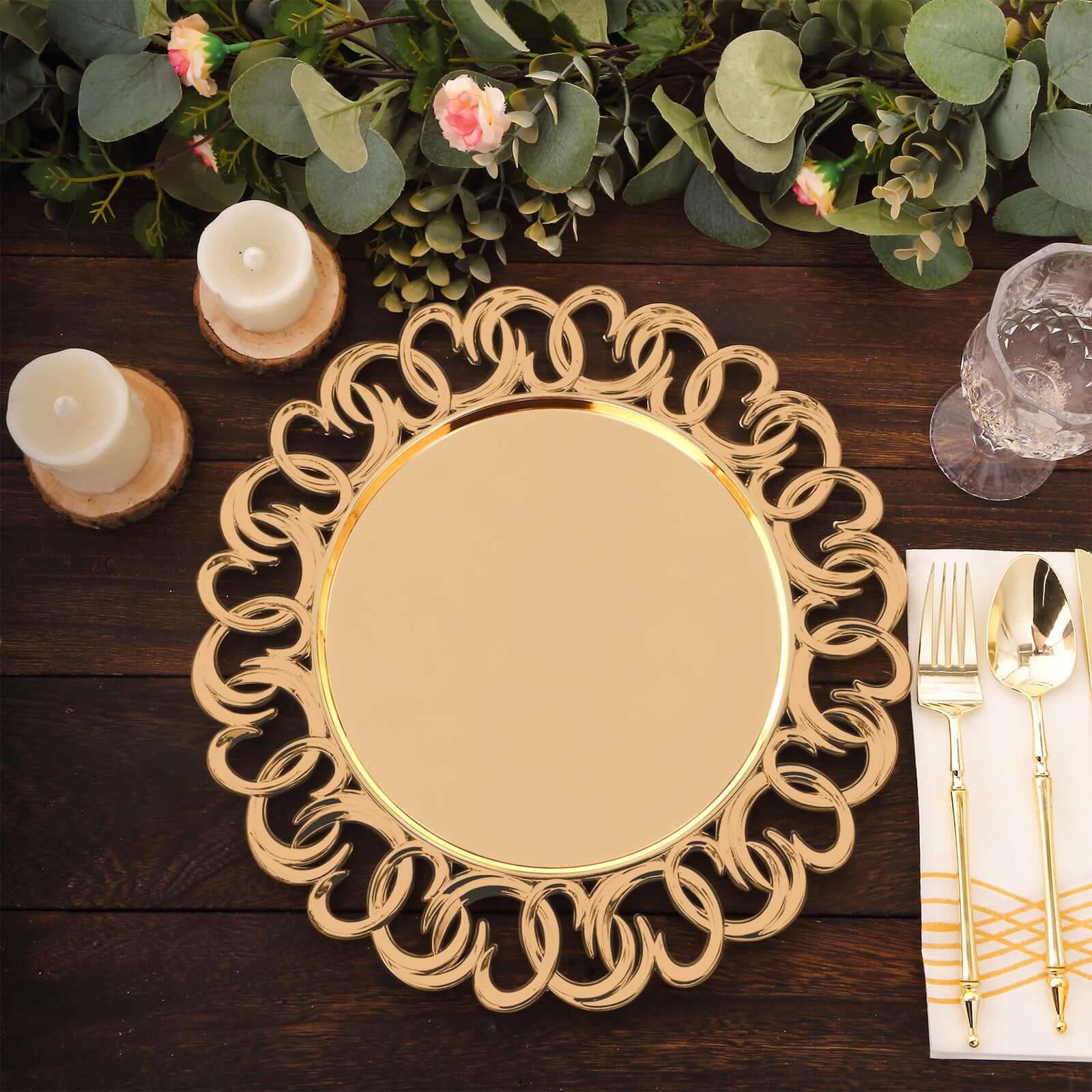 6-Pack Plastic Round Charger Plates 13" in Gold with Entwined Swirl Rim, Plastic Disposable Decorative Chargers