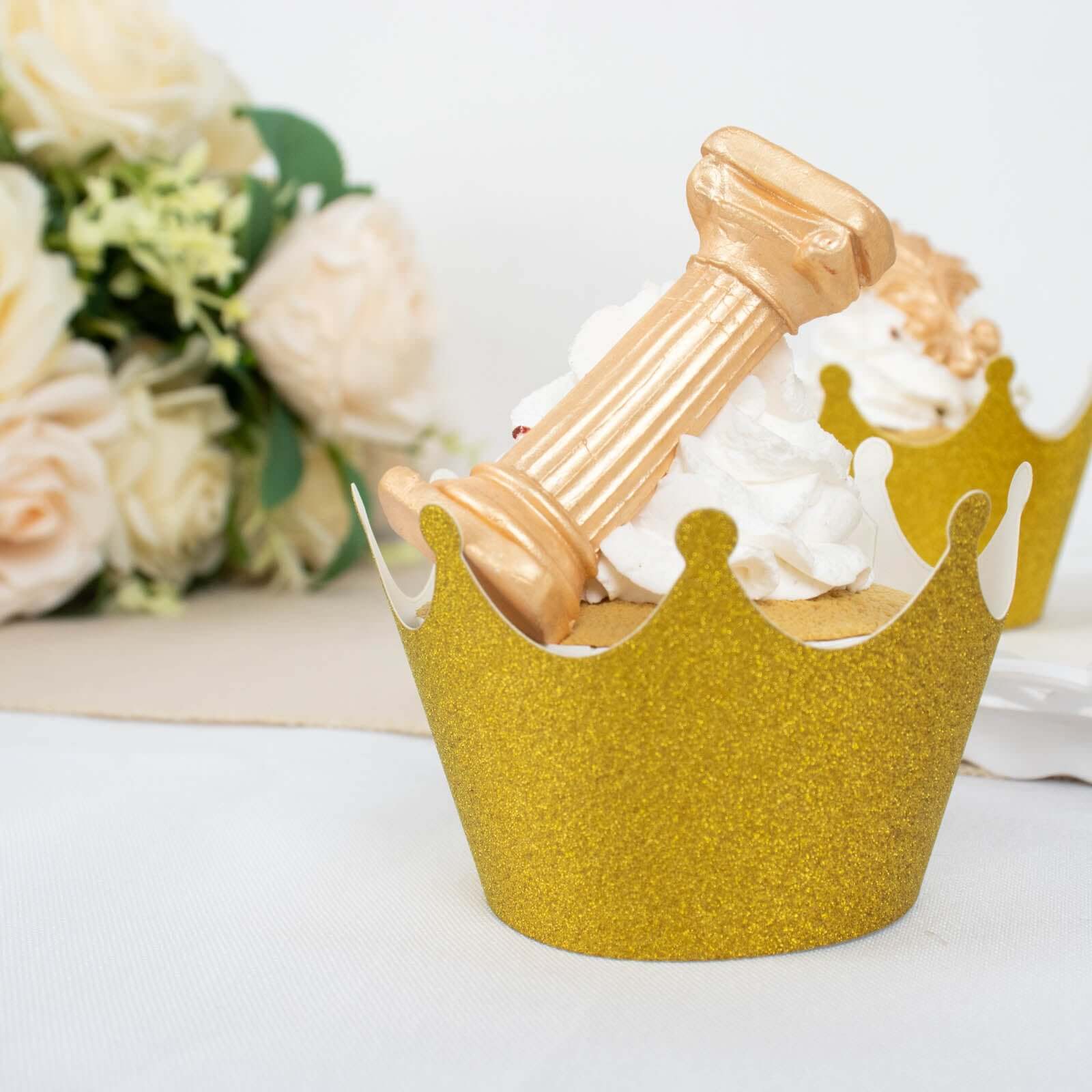 25-Pack Paper Cupcake Wrappers Glitter Crown Design Gold - Dust Free Muffin Paper Cup Liners
