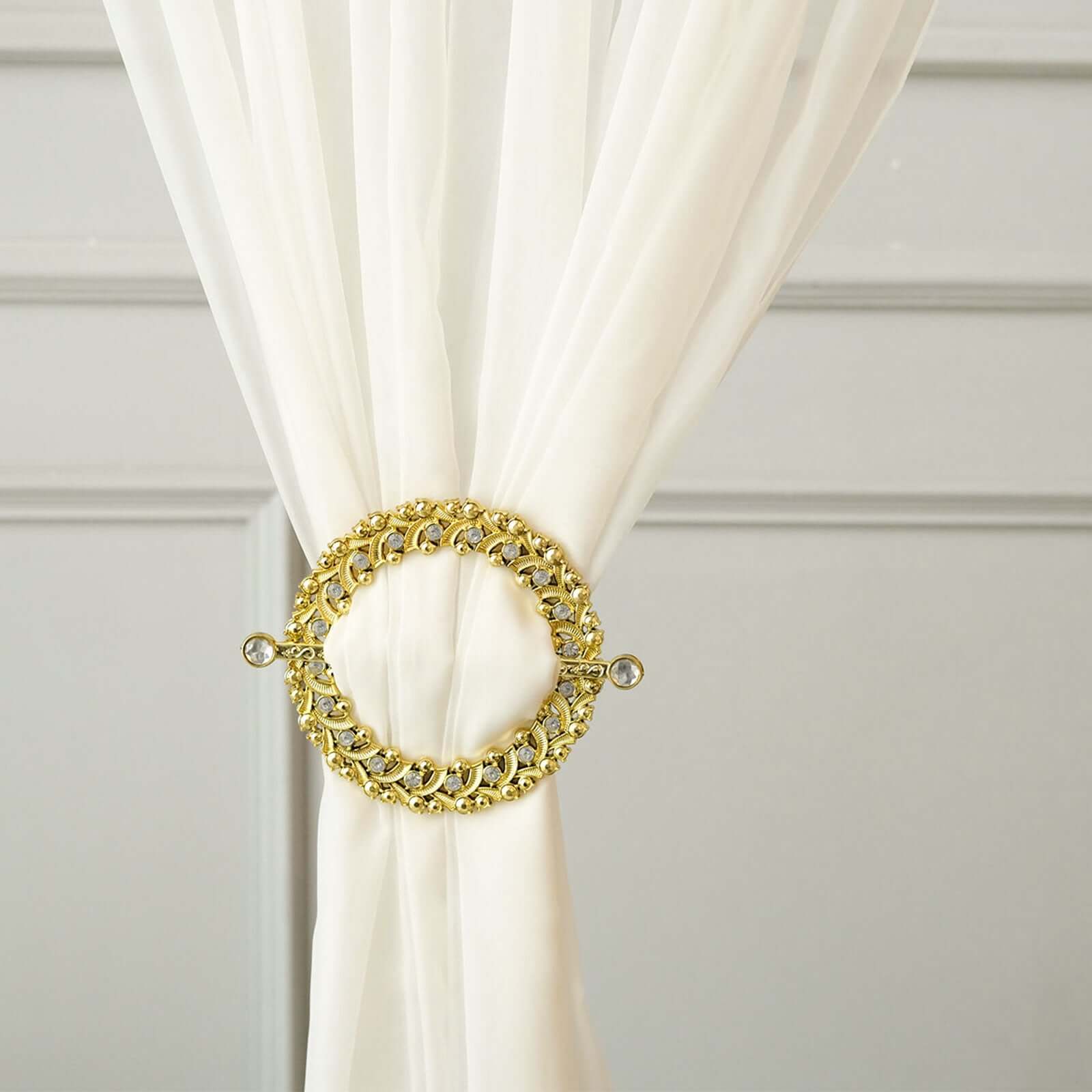 2 Pack 7" Gold Barrette Style Acrylic Crystal Curtain Tie Backs, Round Backdrop Drapery Brooch Holdbacks