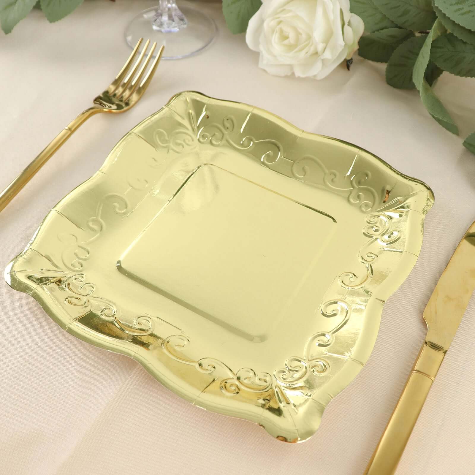 25-Pack Paper 7" Square Dessert Plates in Gold with Vintage Pottery Embossed Design - Shiny Metallic Disposable Appetizer Plates for Luxe Gatherings & Celebrations