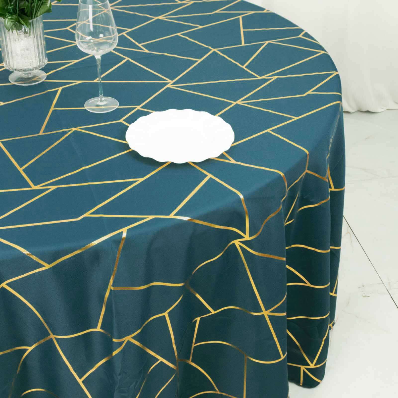 120" Peacock Teal Seamless Round Polyester Tablecloth With Gold Foil Geometric Pattern for 5 Foot Table With Floor-Length Drop