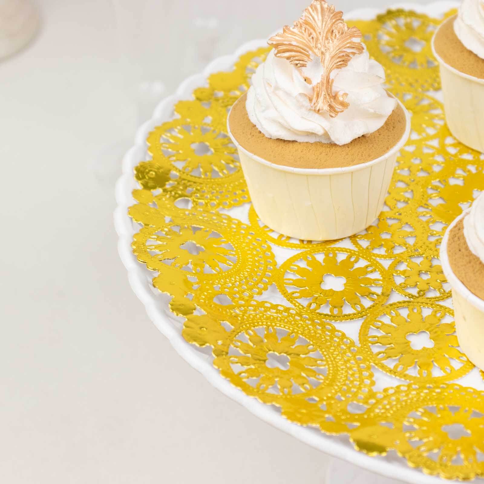 50-Pack Paper 12" Round Placemats in Metallic Gold - Disposable 50GSM Lace Doilies with Medallion Style for Dessert Display & Table Decor