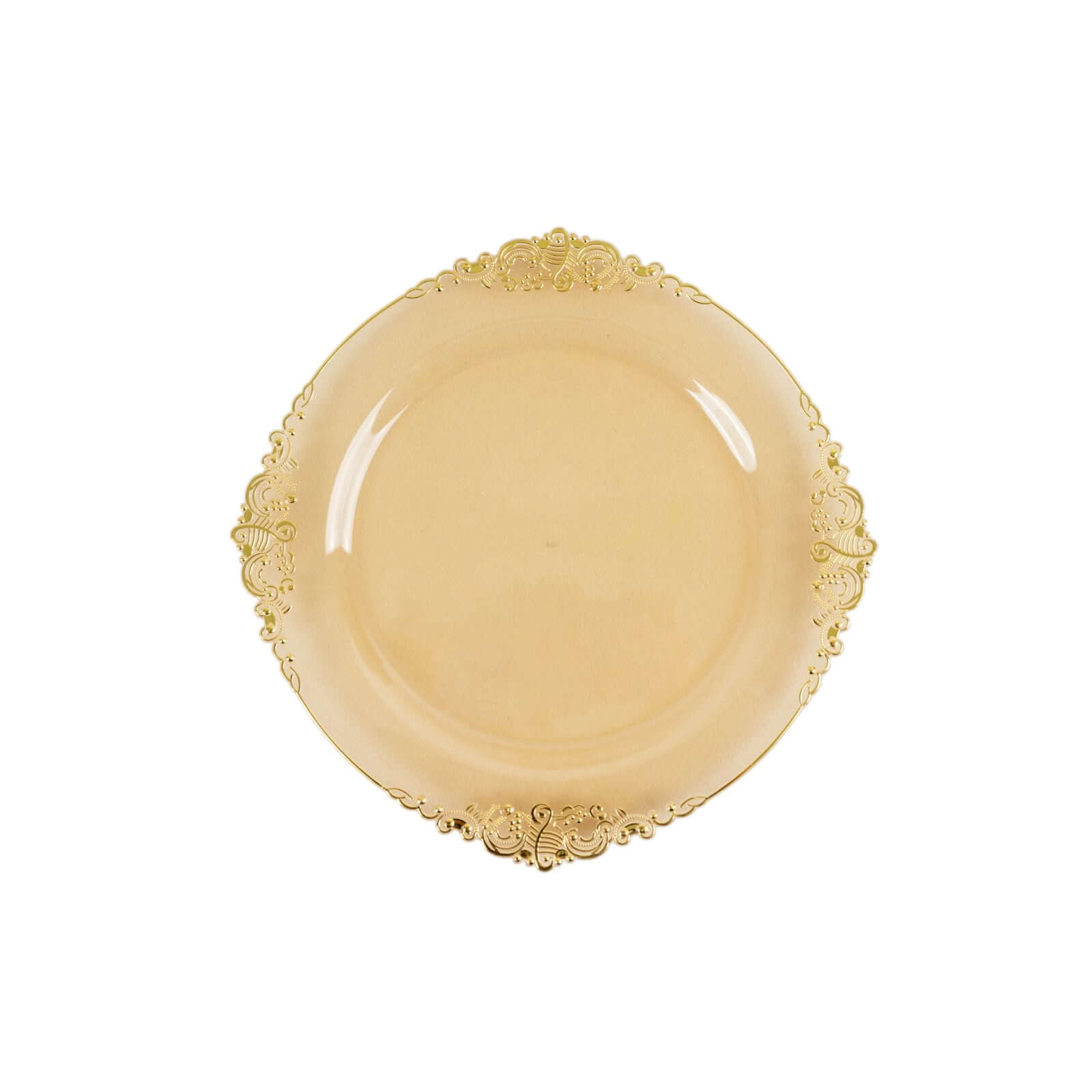 10-Pack Plastic 8" Round Dessert Plates in Transparent Amber Gold with Gold Leaf Embossed Rim - Disposable Vintage Baroque Style Salad Plates