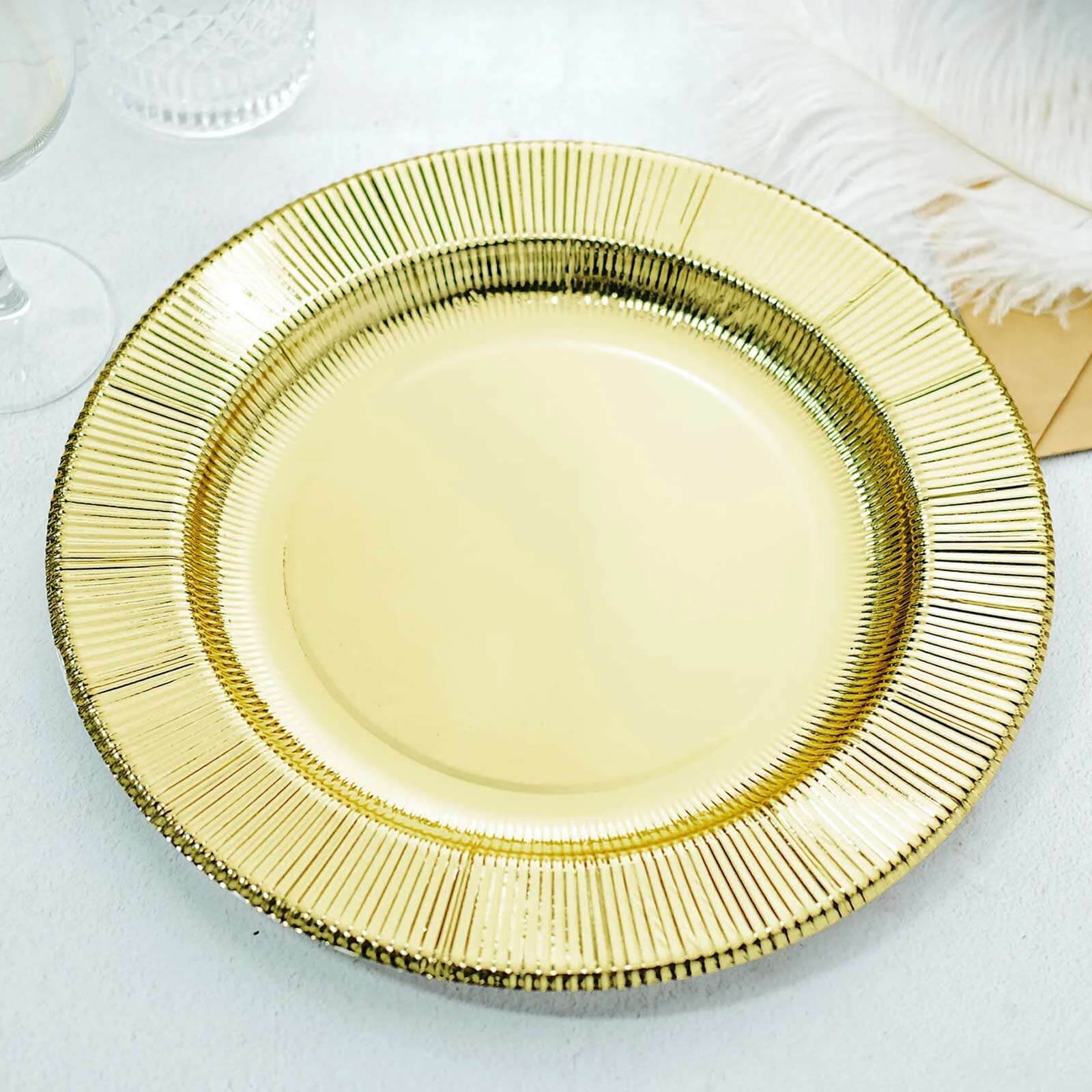 25-Pack Disposable Round Charger Plates in Metallic Gold Sunray Design - 350GSM Heavy Duty Paper Chargers for Chic Table Settings 13"
