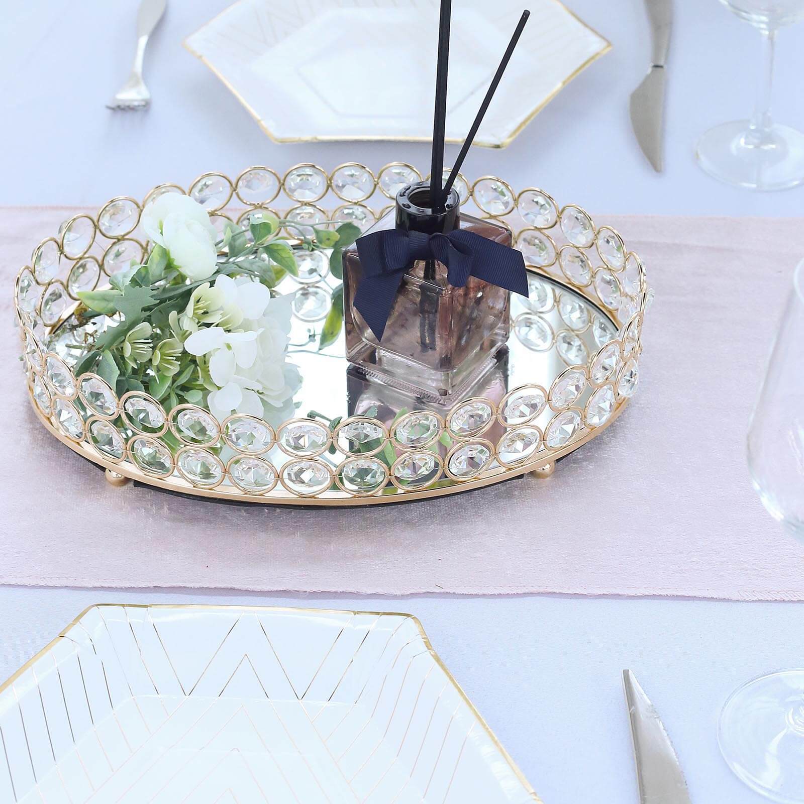 Metal Mirrored Oval Serving Tray 12"x8" in Gold with Crystal Beads, Glamorous Decorative Vanity Tray Centerpiece