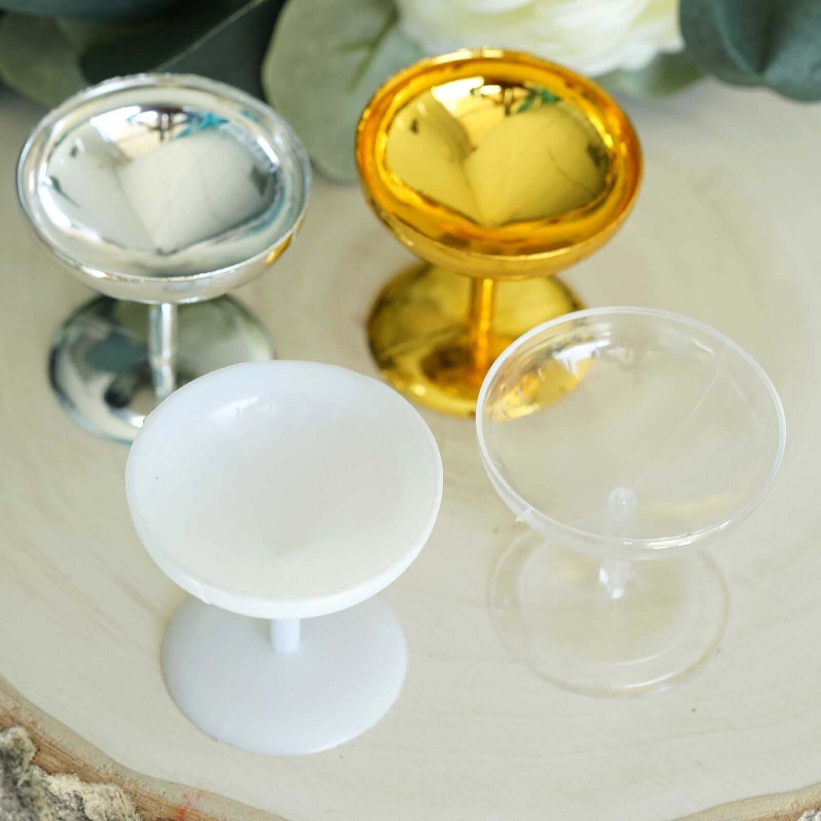 12-Pack Plastic Dessert Cup Candy Dishes Gold - Decorative Mini Pedestal Stands for Treats 2"