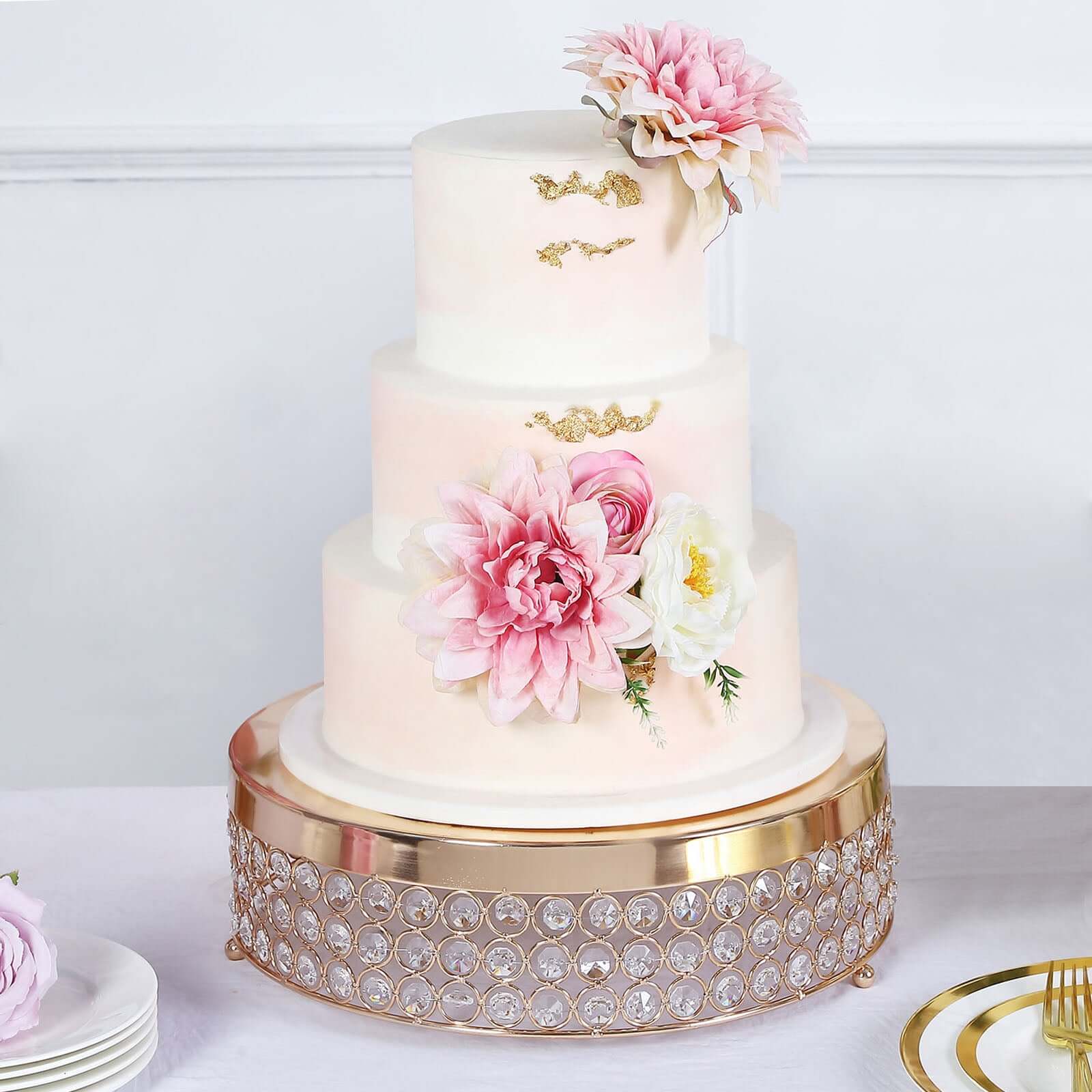 Metal Cake Stand Pedestal Crystal Beaded Design Gold - Cupcake Display and Dessert Riser 13"