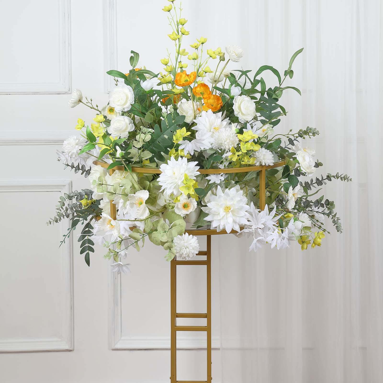 Metal Wedding Centerpiece Open Frame Design Gold - Grand Halo Top Floral Riser Pedestal 46"