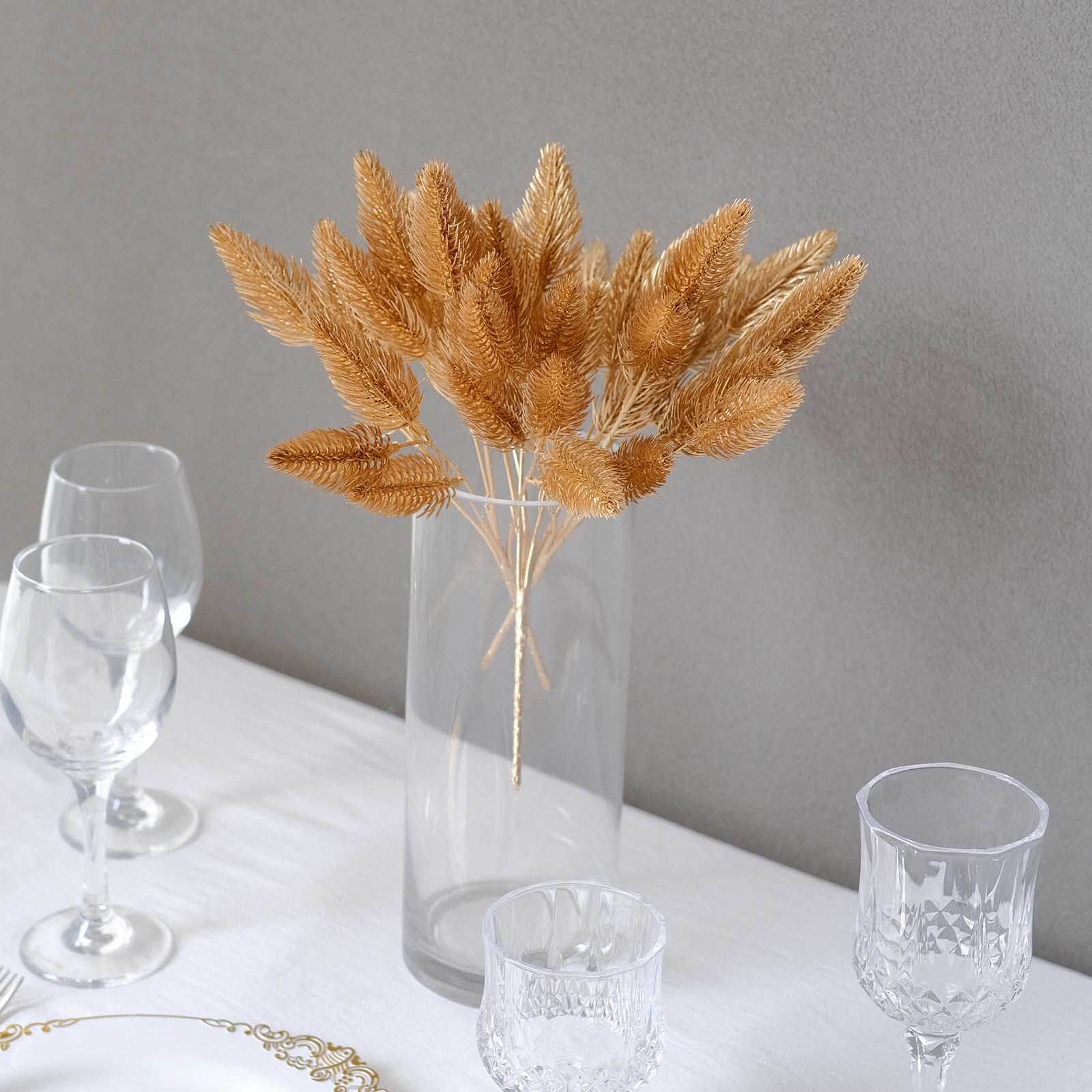4-Pack Artificial Pine Branches Metallic Gold - Flexible Faux Pine Needle Sprigs Floral Sprays for DIY Garland Wreath Holidays & Home Decor 11"