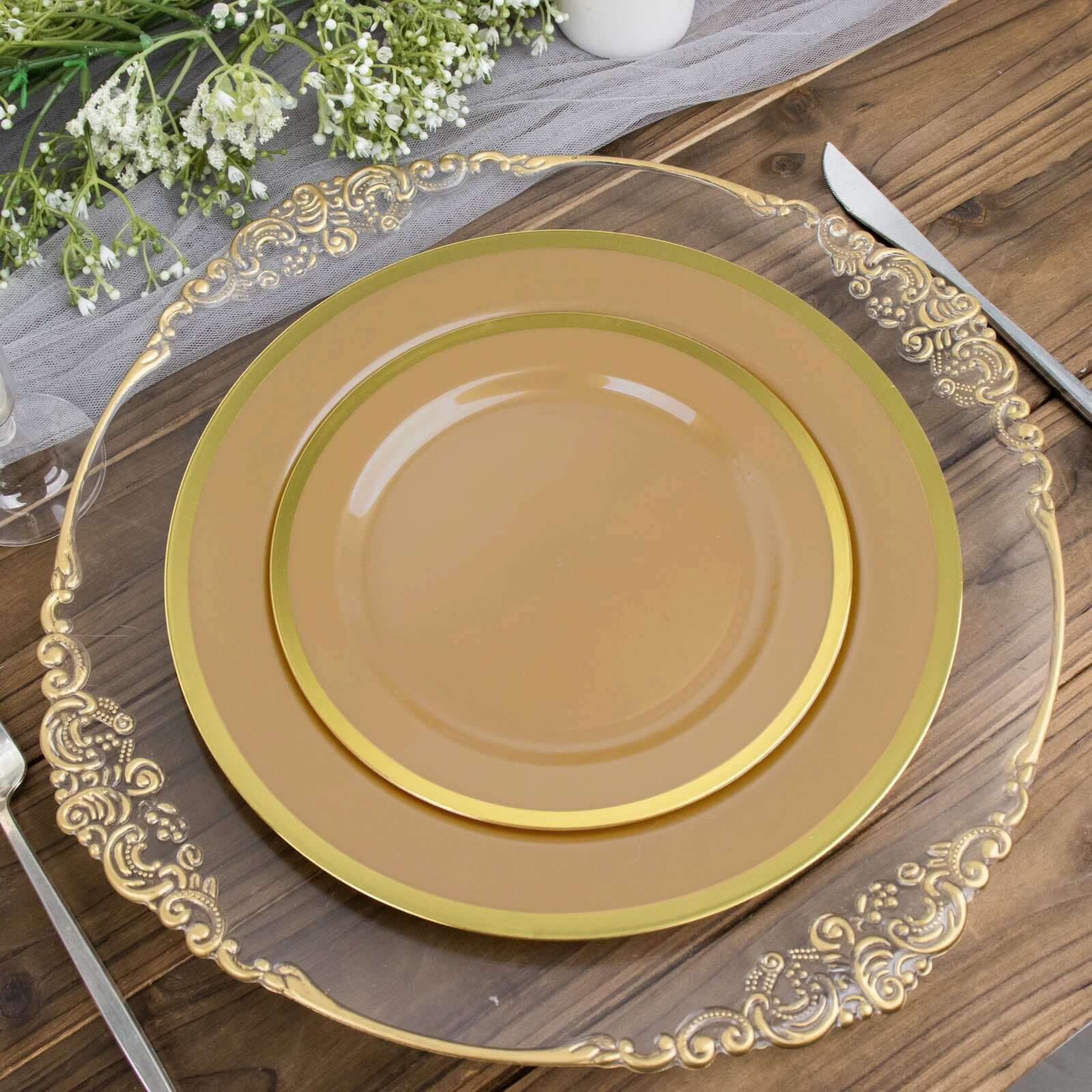 10-Pack Plastic 7" Round Appetizer Plates in Gold with Gold Rim - Sleek Disposable Salad Plates for Banquets & Special Occasions