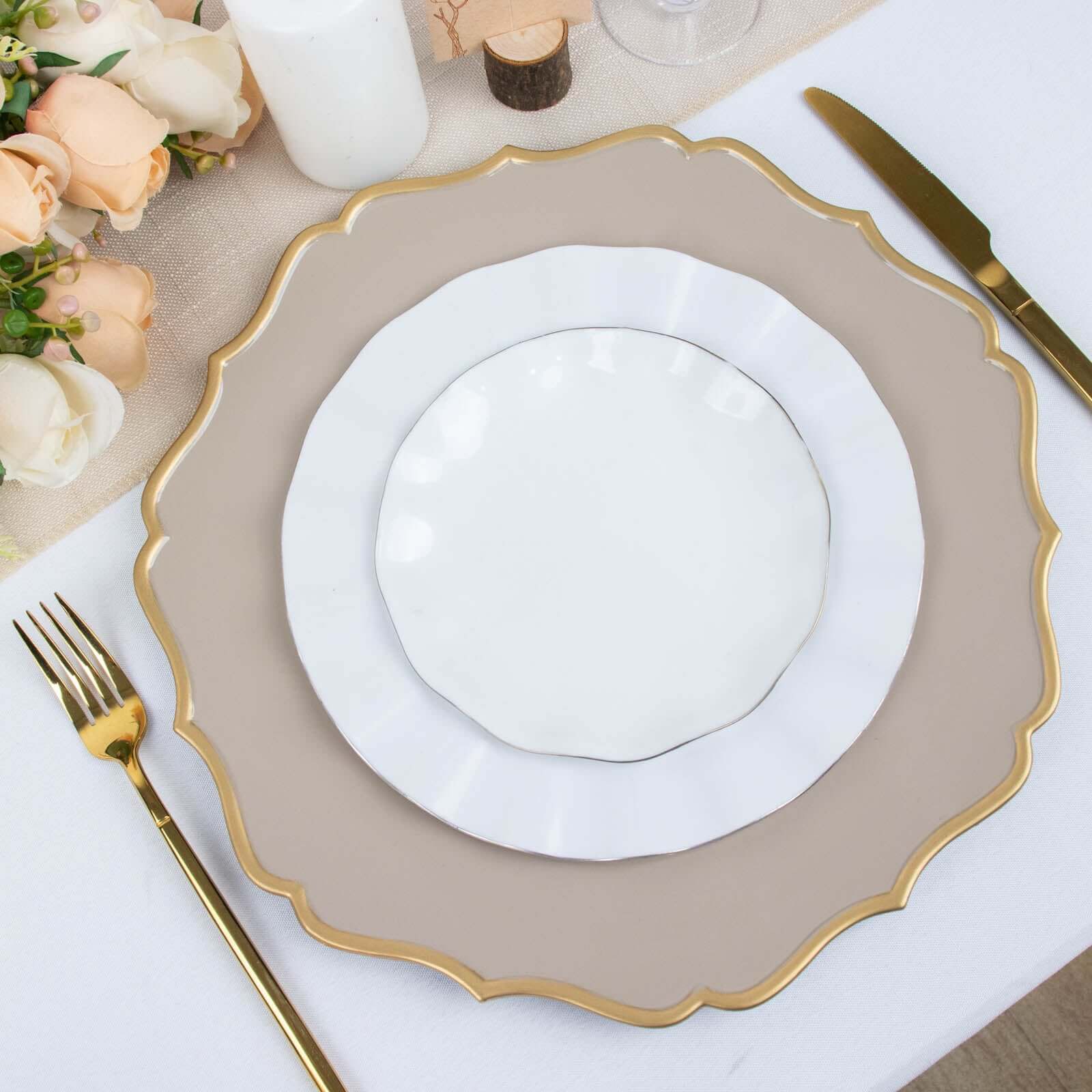6-Pack Acrylic Round Charger Plates 13" in Taupe with Gold Scalloped Rim, Decorative Dinner Party Plastic Charger Tableware