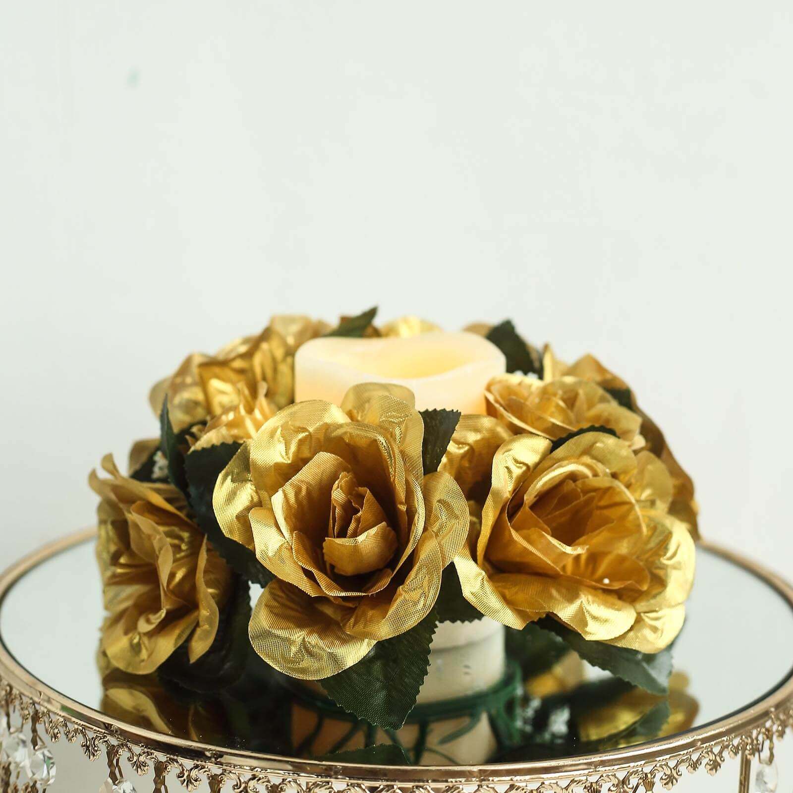4 Pack 3" Gold Artificial Silk Rose Flower Candle Ring Wreaths