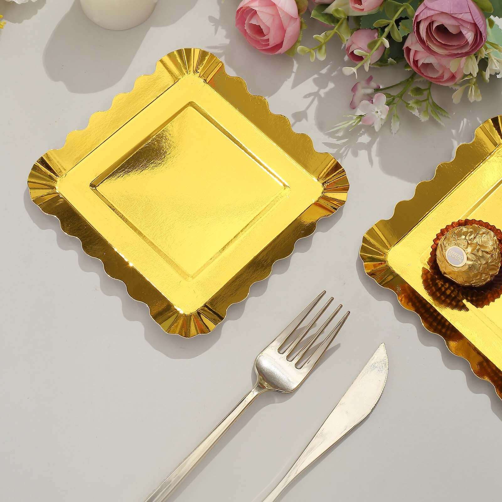 50-Pack Paper 5" Square Dessert Plates in Gold Foil with Scalloped Rim - Disposable Appetizer Plates for for Glam Gatherings & Special Occasions