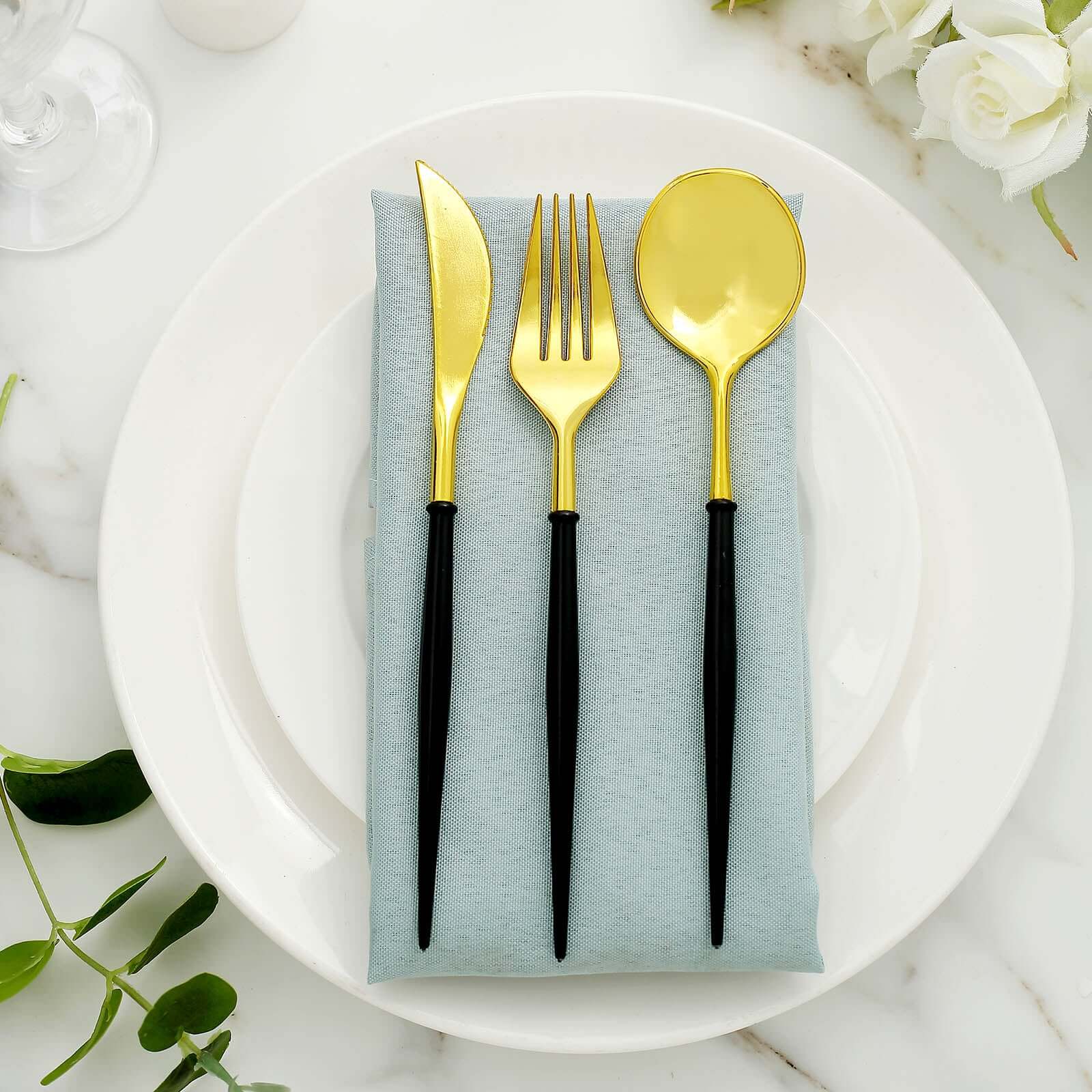 24-Pack Plastic Flatware Set in Metallic Gold with Black Handle - Heavy Duty Disposable Modern Silverware 8"