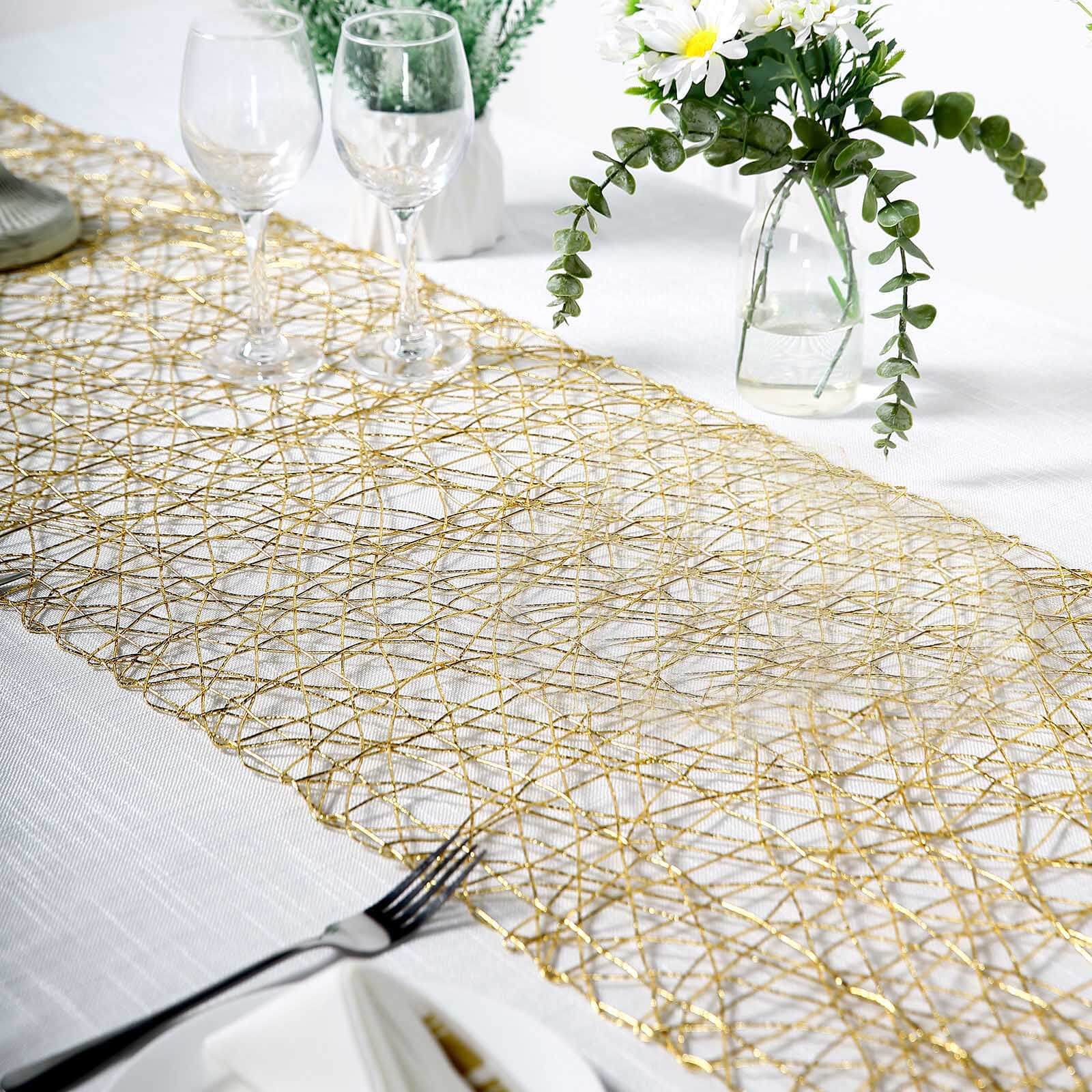 16"x72" Gold Wire Nest Table Runner, Metallic String Woven Runner
