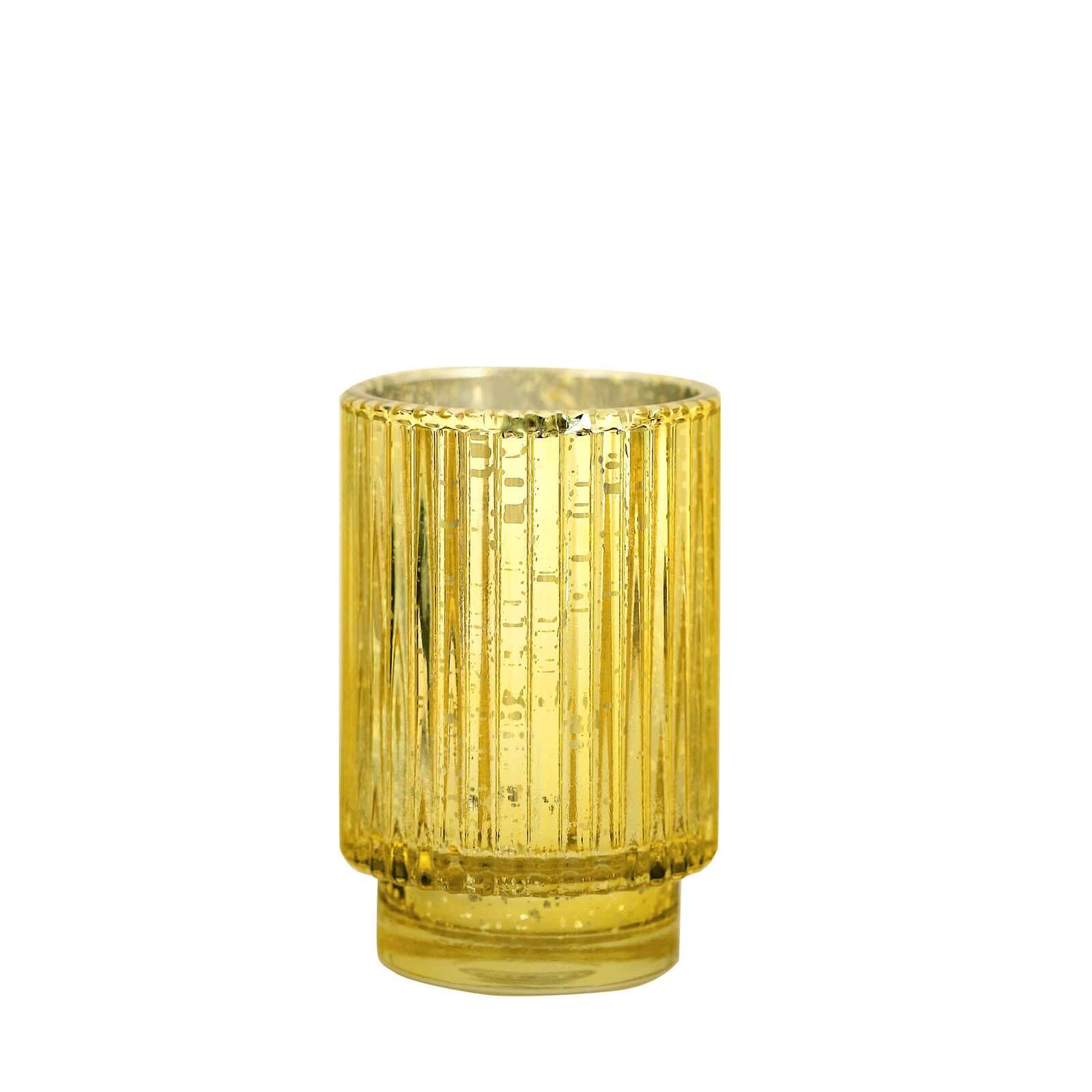3-Pack Mercury Glass Hurricane Candle Holders Gold Wavy Column Design - Votive Pillar Vase 5"
