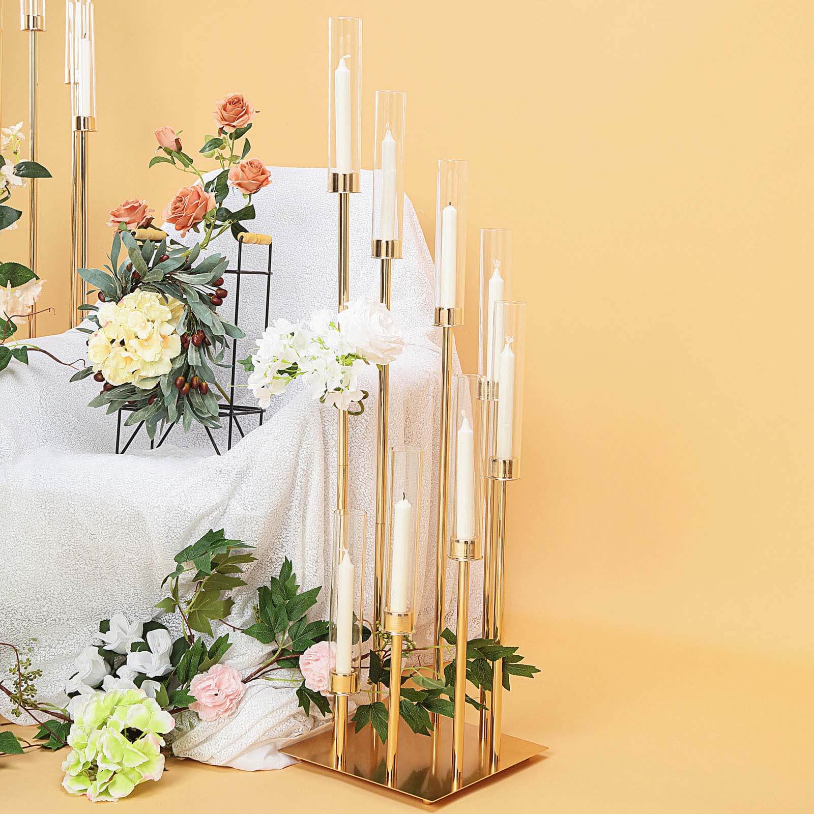 8 Arm Cluster Taper Candle Holder Gold - Stunning Large Candle Arragement With Clear Glass Shades for Grand Banquets & Celebrations 42"