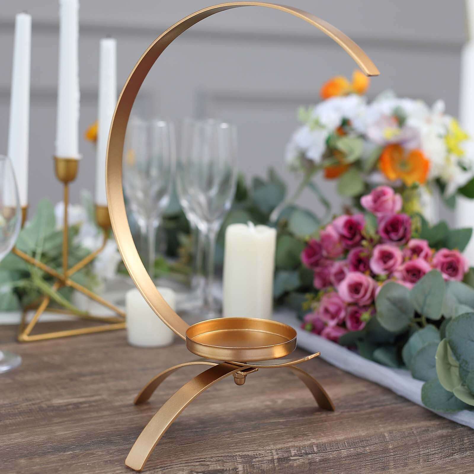 Moon Shaped Tealight Hurricane Candle Holder Gold Metal - Decorative Centerpiece Design 13"