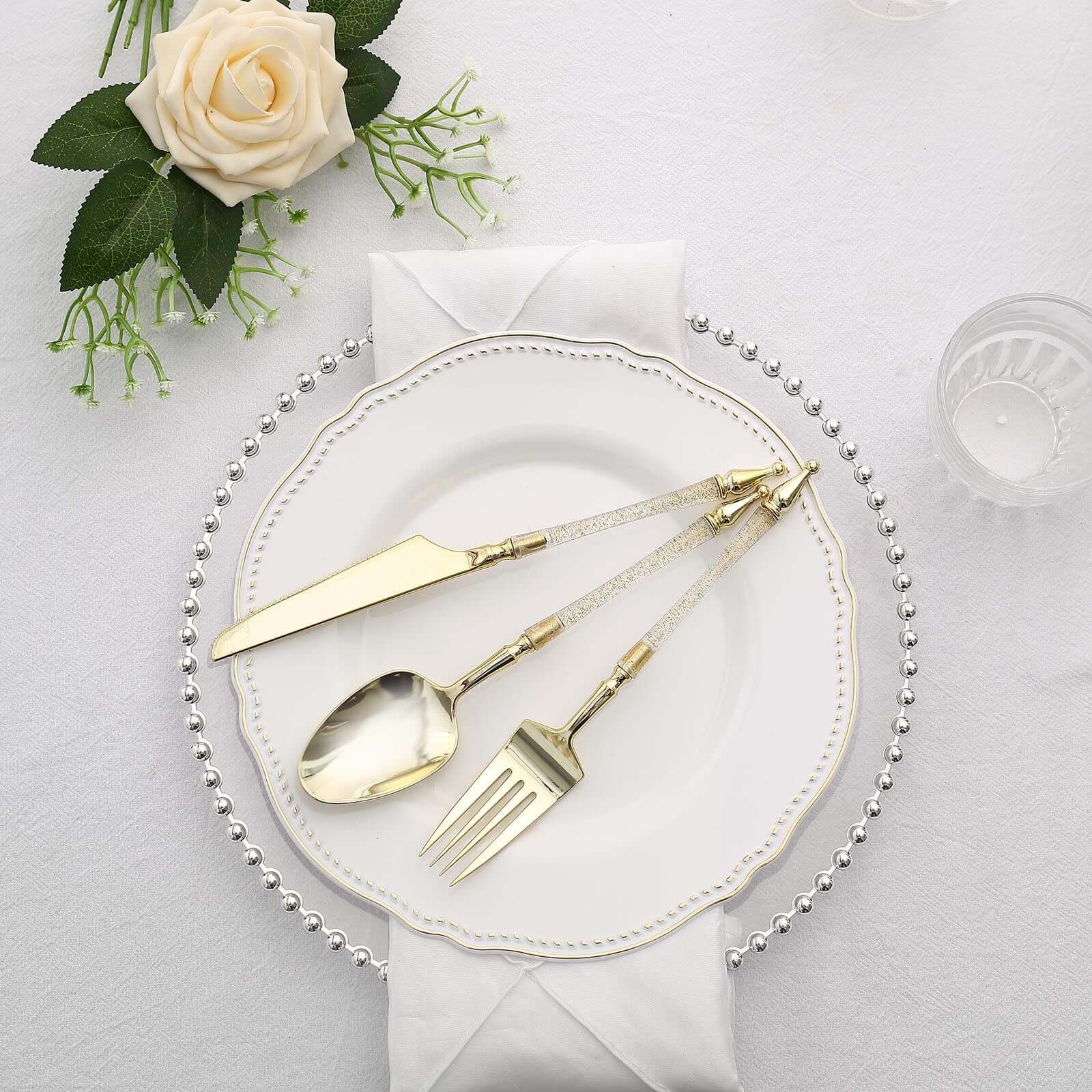 24-Pack Plastic Utensil Set with Roman Column Handle Gold/Clear - Glittered Disposable Silverware