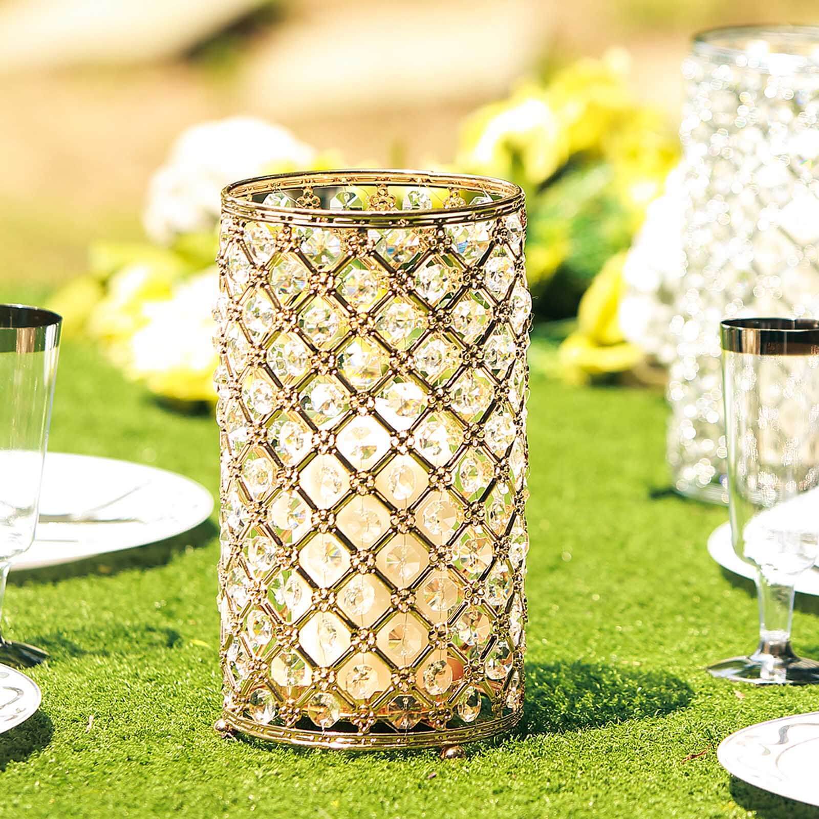 2-Pack Metal Crystal Beaded Pillar Holders Gold - Versatile Stem Vase Set for Decor 9"