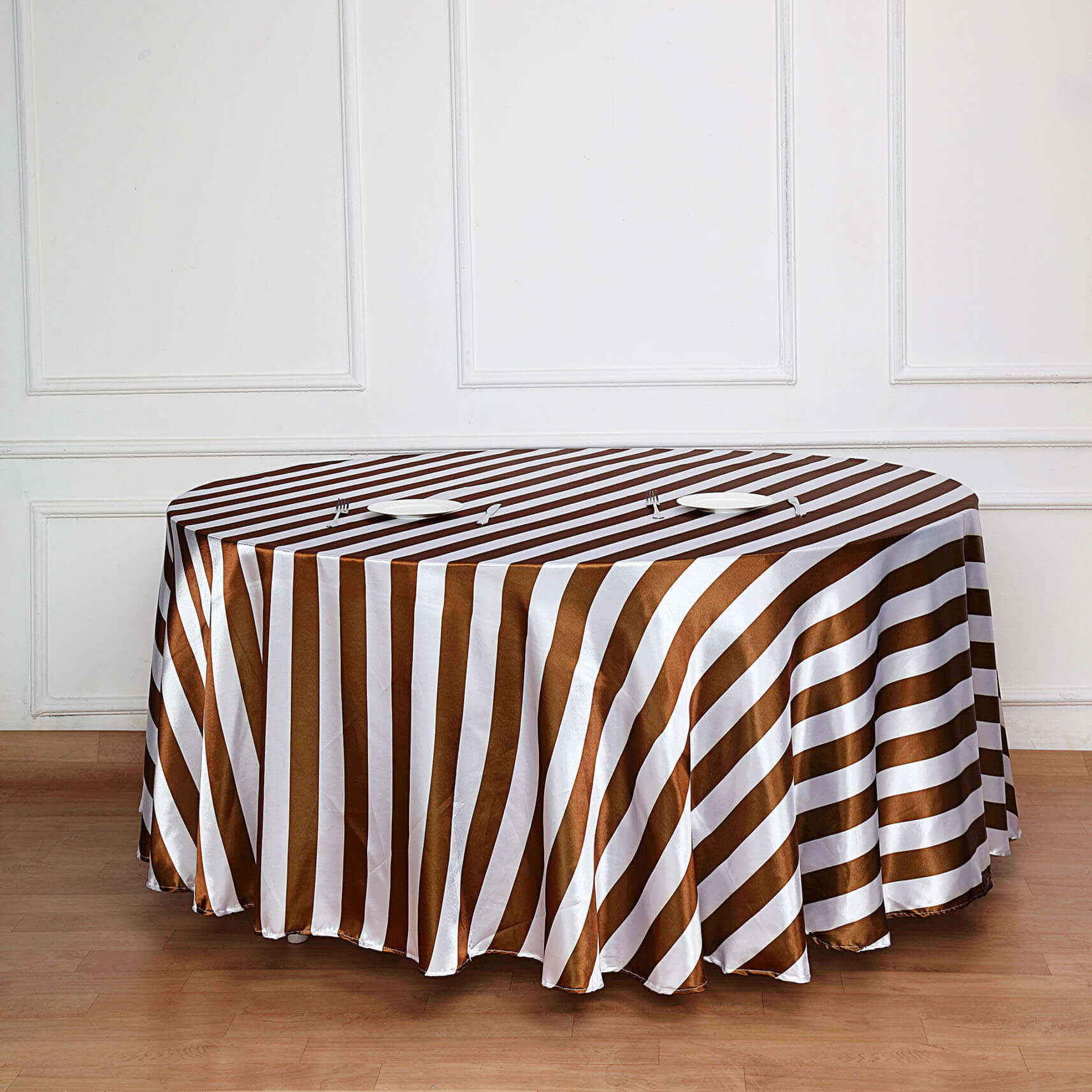 Satin 120" Round Tablecloth Gold/White - Stripe Design with Seamless Silky Smooth Finish Table Cover