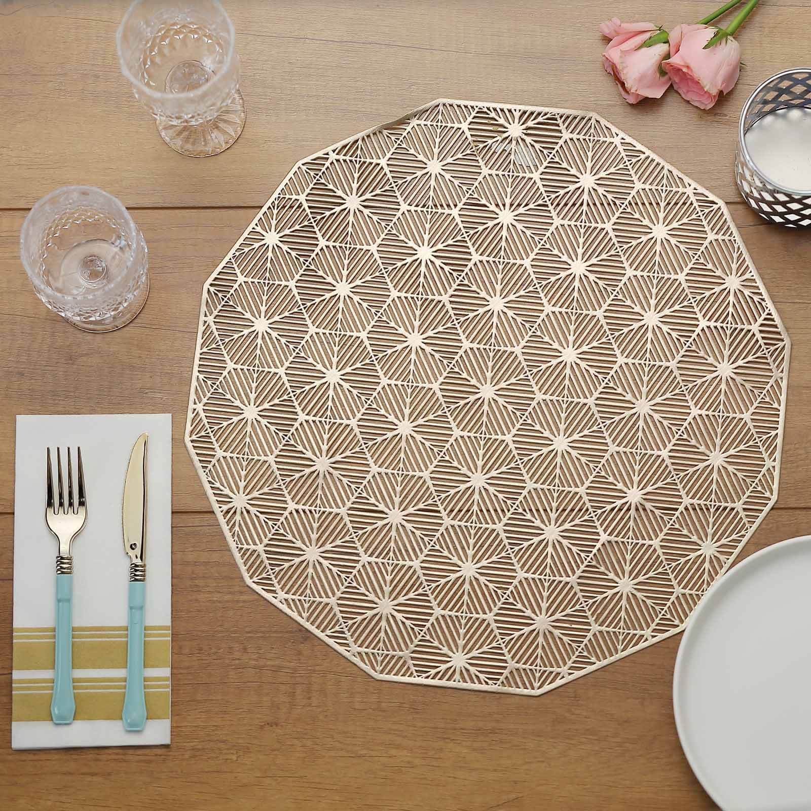 6-Pack Dining Table Mats Geometric Woven Design Gold - Vinyl Non-Slip Surface for Modern Table Settings 15"