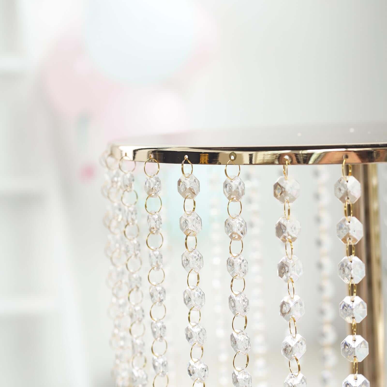 Metal Cake Stand Round Design Metallic Gold with Crystal Chains 14" Dia - Cupcake Dessert Pedestal 16"Tall