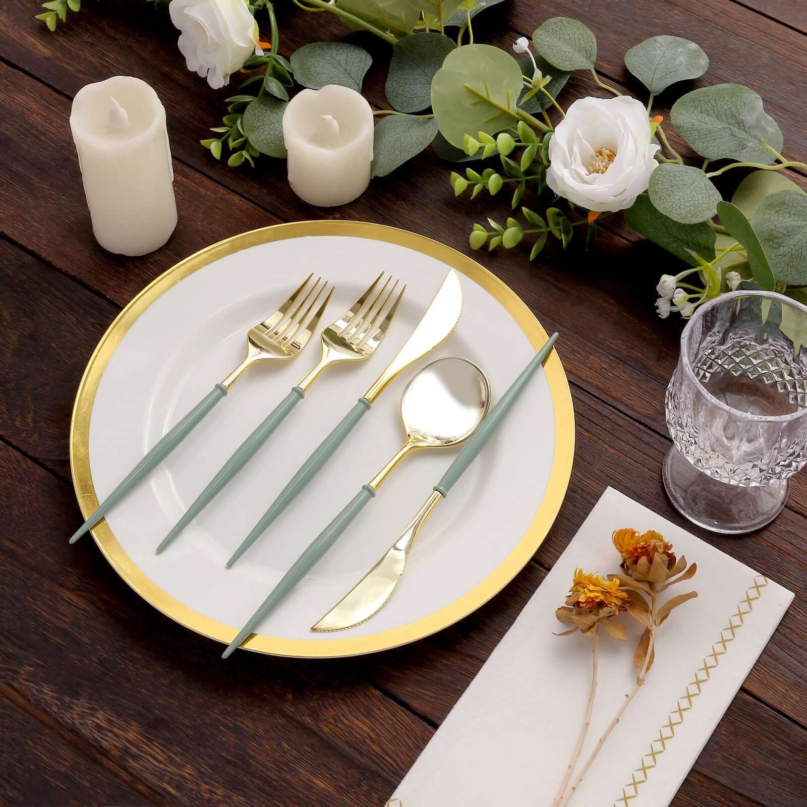 24-Pack Plastic Flatware Set in Metallic Gold with Dusty Sage Green Handle - Heavy Duty Disposable Modern Silverware 8"