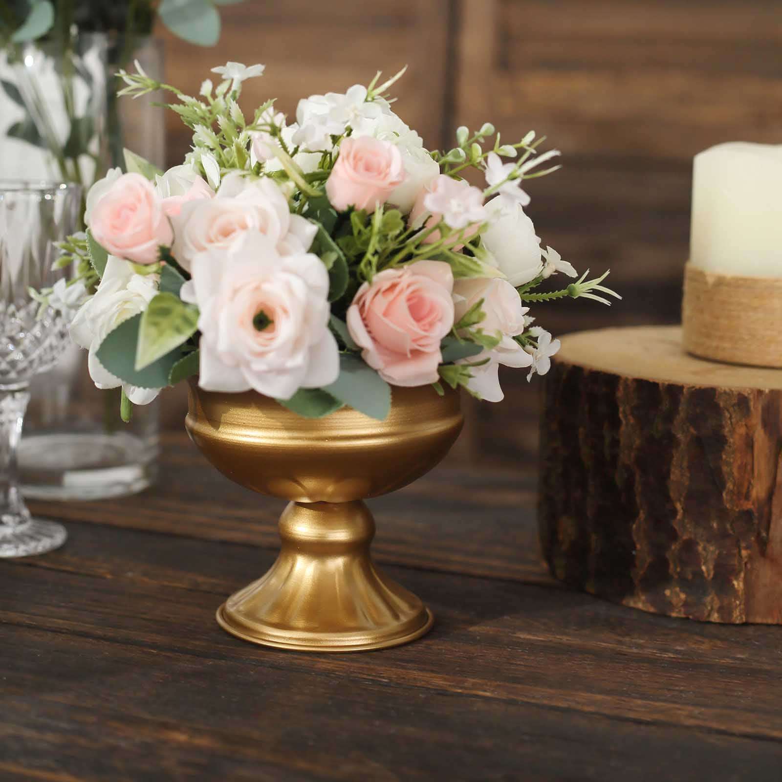 2-Pack Metal Pedestal Flower Vases Wine Goblet Style Gold - Antique Mini Compote Vase for Refined Wedding Centerpieces 4"