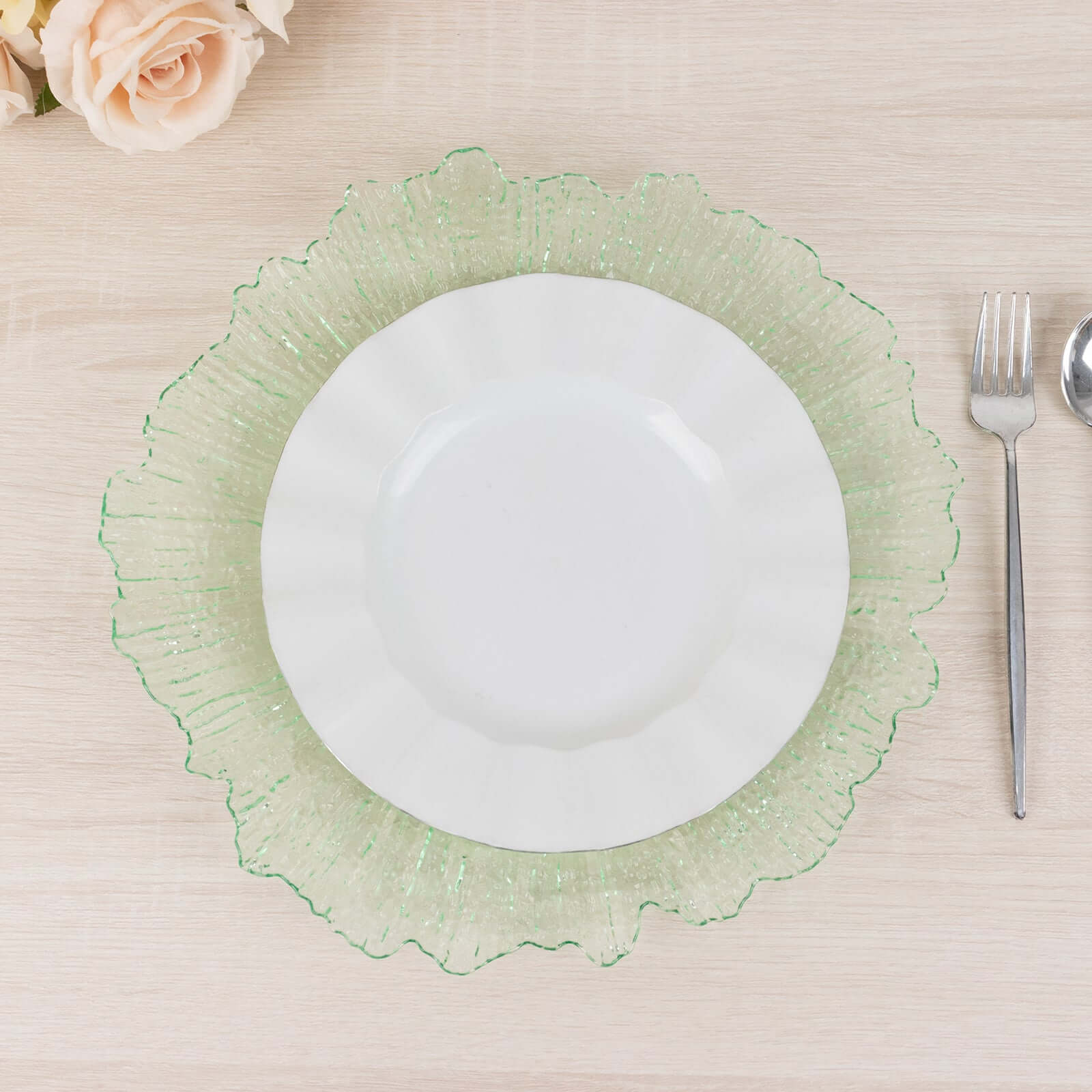 6-Pack Acrylic Plastic Round Charger Plates 13" in Transparent Green with Reef Design, Dinner Charger Tableware
