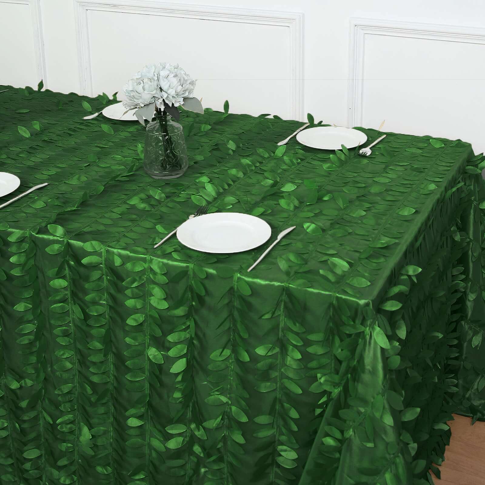Taffeta 90"x156" Rectangle Tablecloth Green | 3D Leaf Petal Design Seamless Table Cover