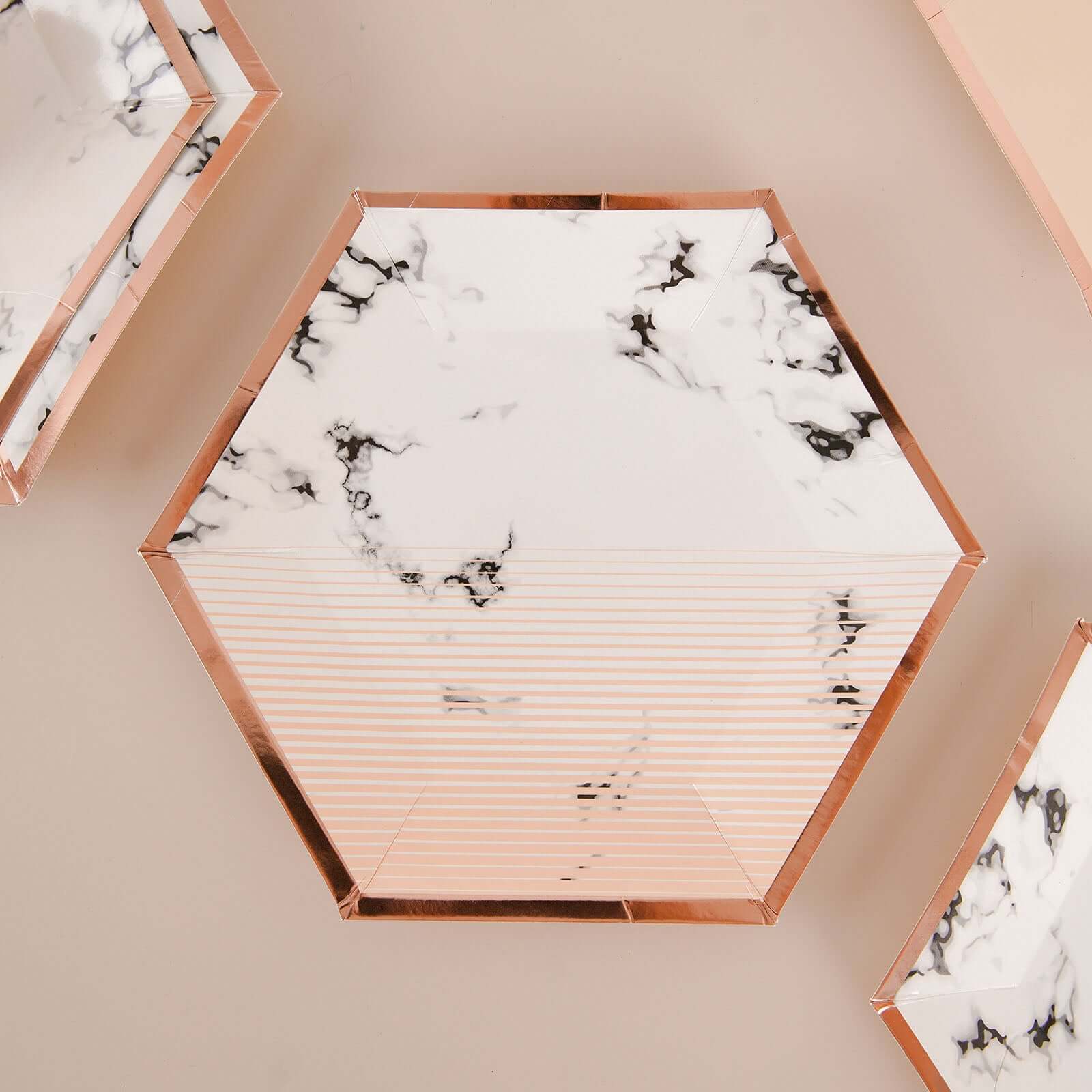 50-Pack Paper Hexagon Dinner and Dessert Plates in Blush with Marble Design & Rose Gold Foil Rim - Chic Disposable Geometric Party Plates Set for 25 Guests 8", 10"