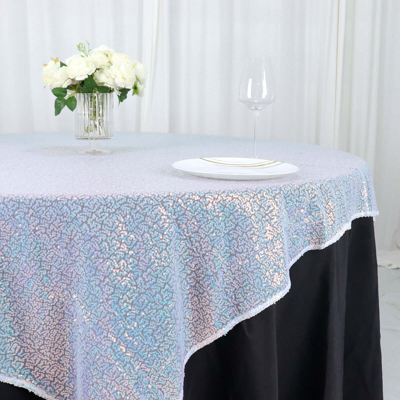 Sequin 60"x60" Table Overlay Square Tablecloth Irisdescent Blue - Luxe Wedding Table Topper