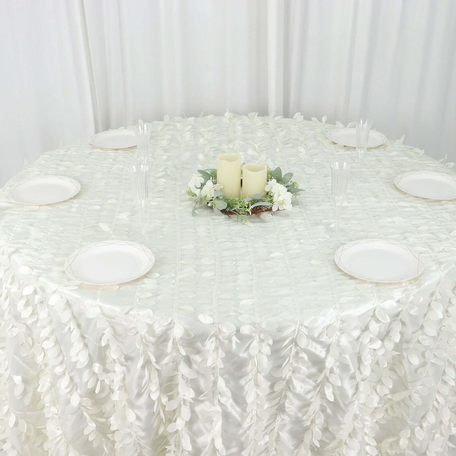 Taffeta 132" Round Tablecloth Ivory Leaf | 3D Leaf Petal Design Seamless Table Cover
