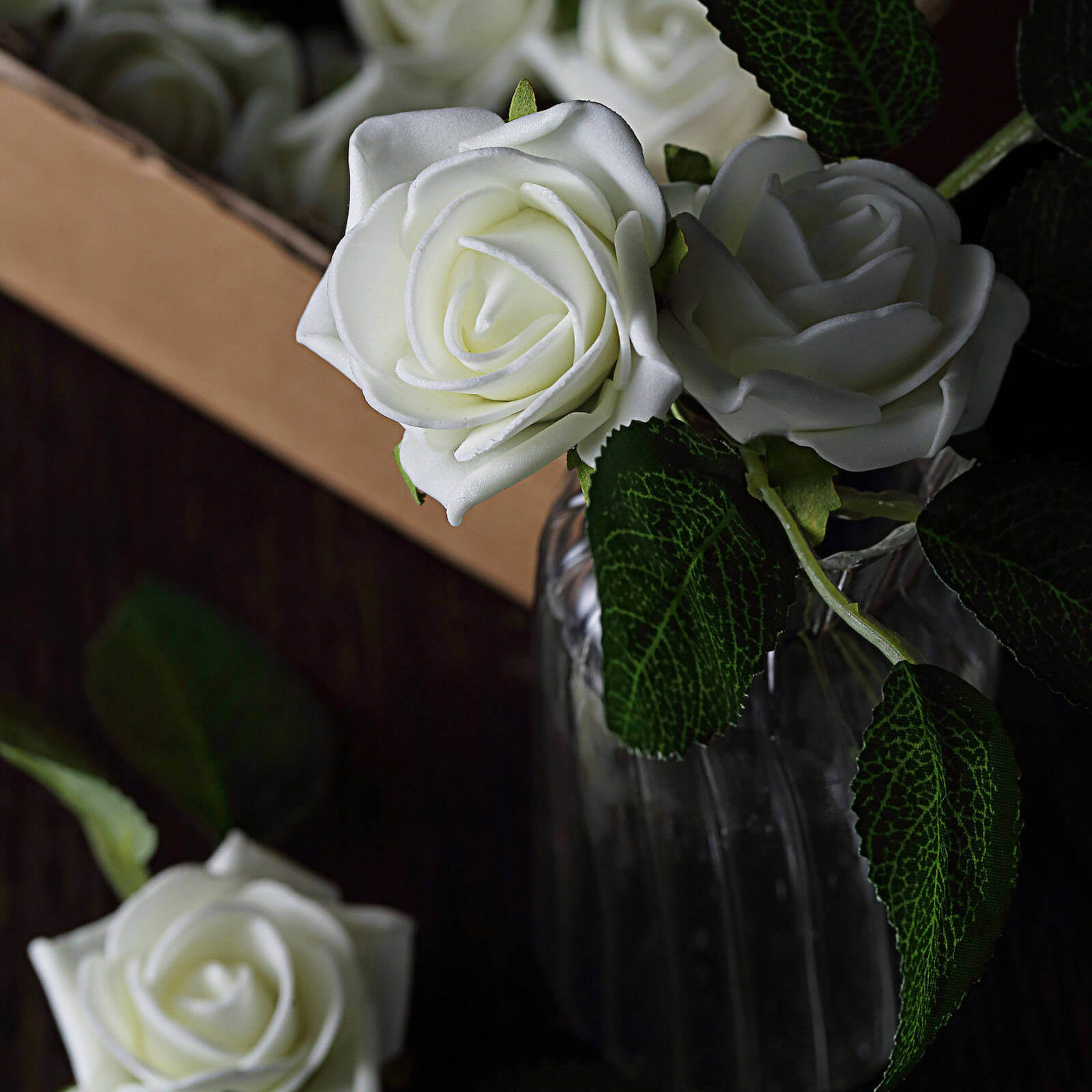24 Roses 2" Ivory Artificial Foam Flowers With Stem Wire and Leaves