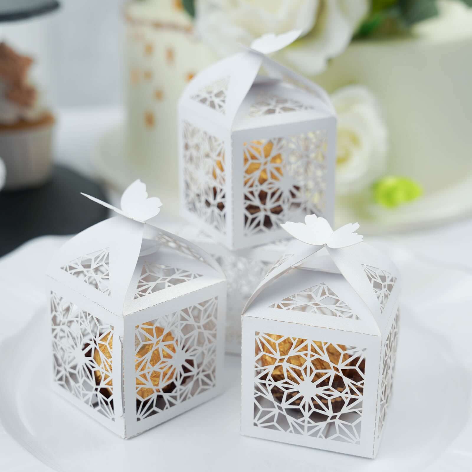 25 Pack White Butterfly Top Laser Cut Lace Favor Candy Gift Boxes