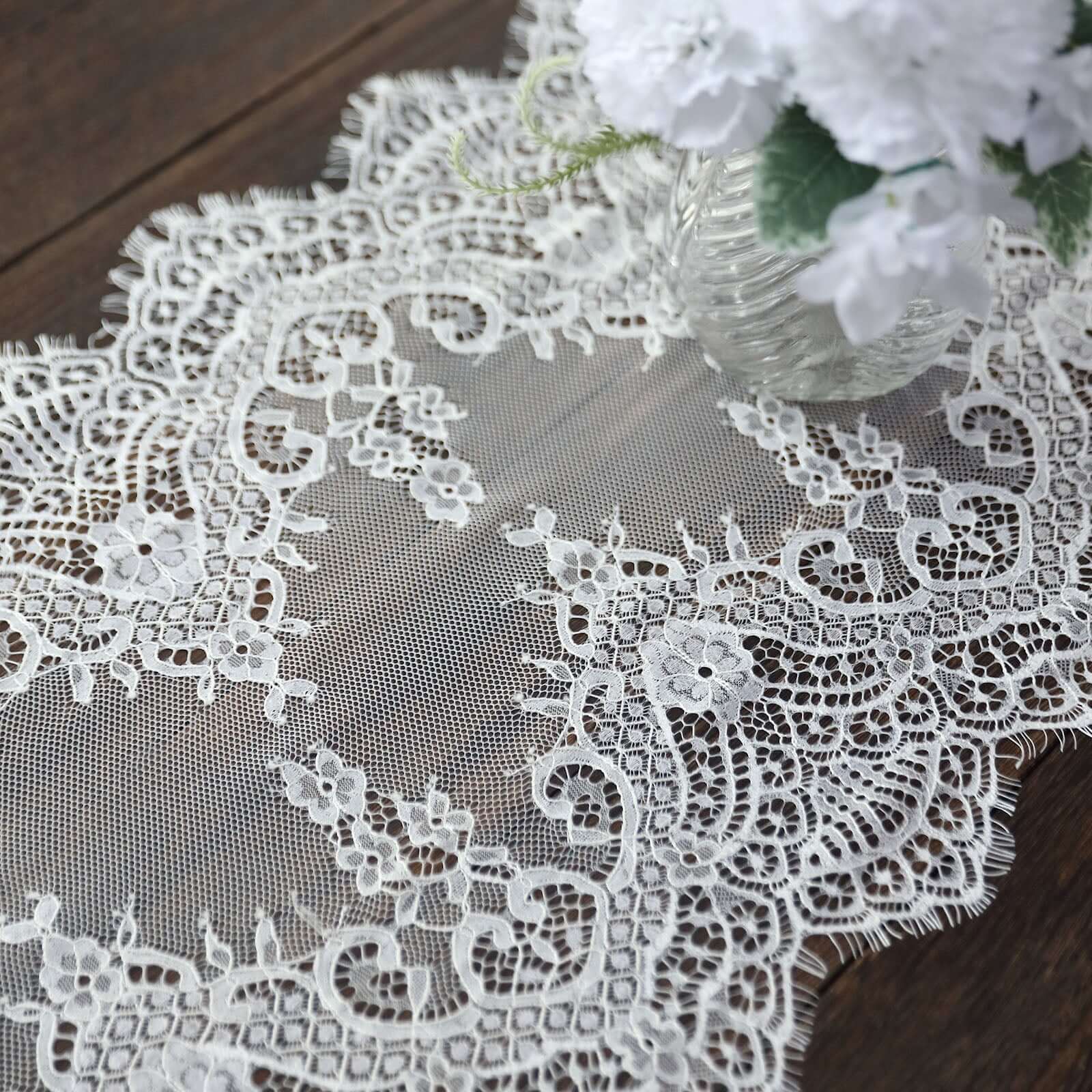 Premium Lace Fabric 15"x117" Table Runner Ivory - Scalloped Lace Elegance