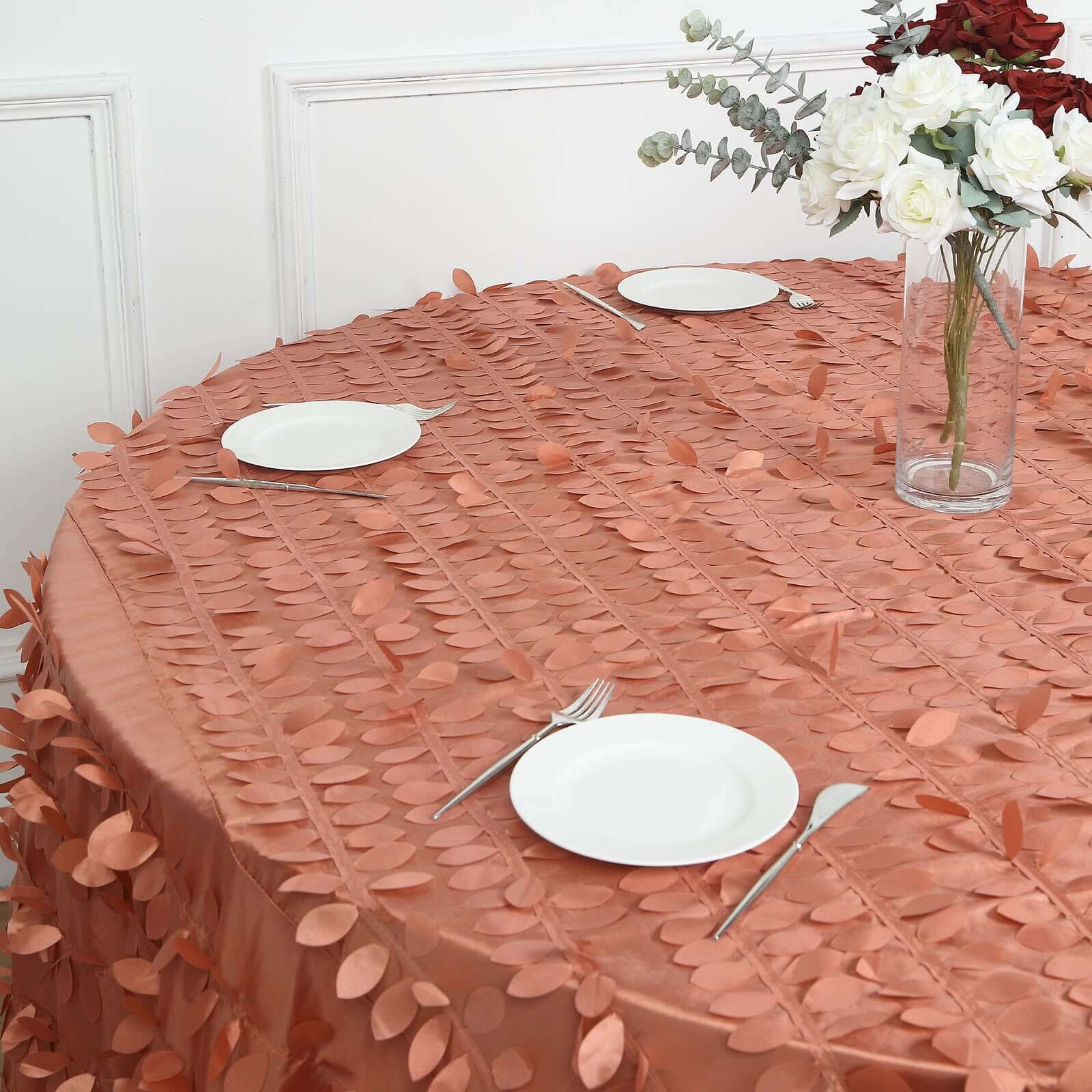 Taffeta 132" Round Tablecloth Terracotta (Rust) Leaf | 3D Leaf Petal Design Seamless Table Cover