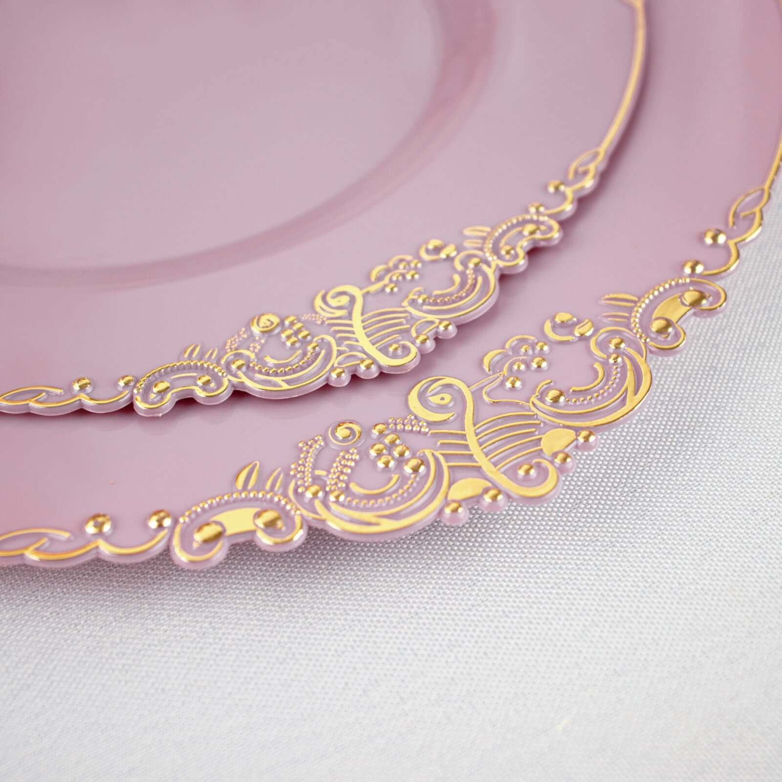 10-Pack Plastic 8" Round Dessert Plates in Lavender Lilac with Gold Leaf Embossed Rim - Disposable Vintage Baroque Style Salad Plates