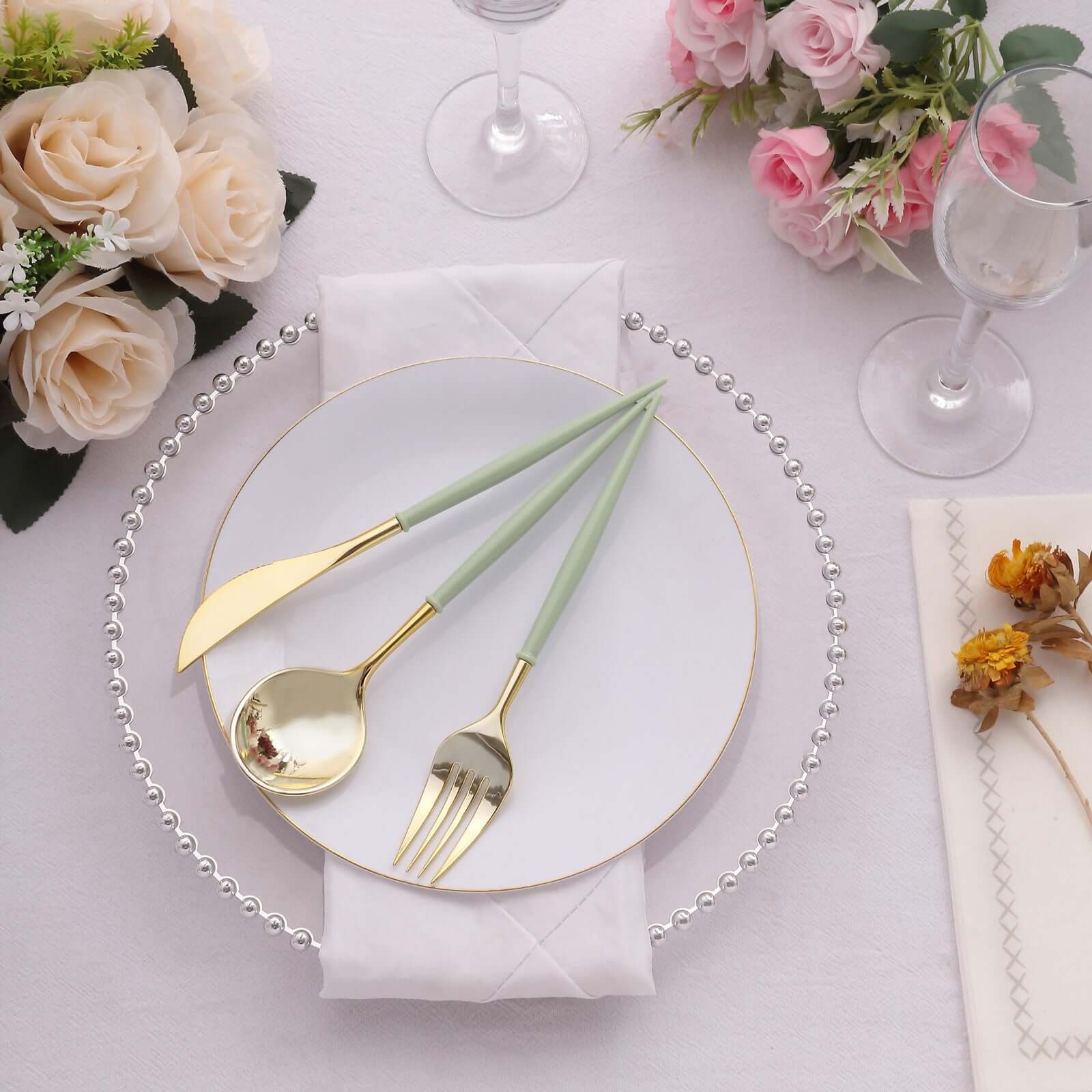 24-Pack Plastic Flatware Set in Metallic Gold with Sage Green Handle - Heavy Duty Disposable Modern Silverware 8"