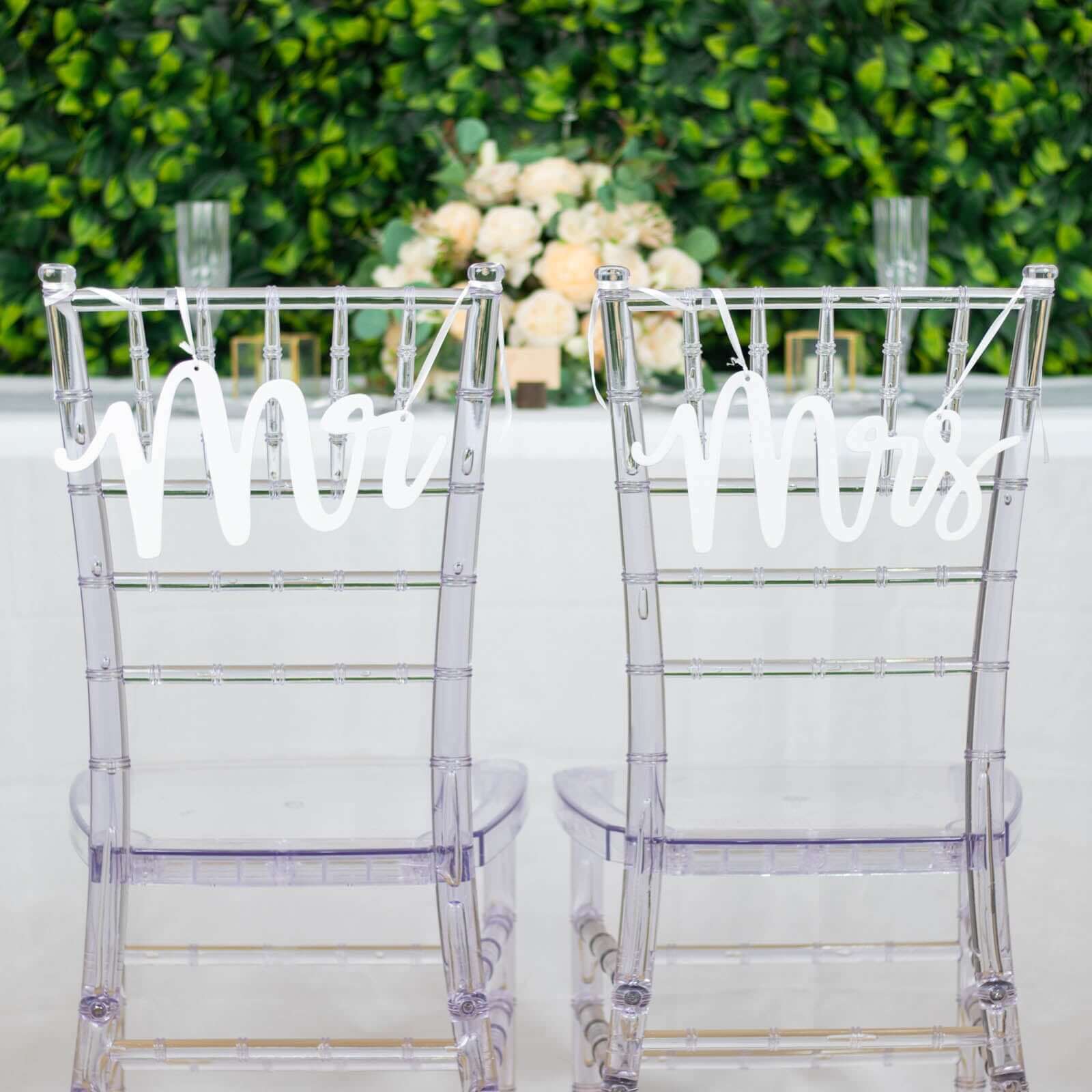Set of 2 Wood Mr and Mrs Chair Signs White - Chic Calligraphy Wall Hanging Wedding Decor & Props 12"x6"