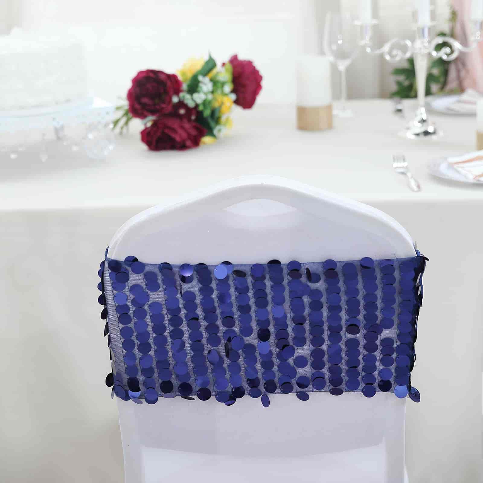 5 Pack Big Payette Sequin 13"x10" Chair Sash Bands Navy Blue - Stylish Glittering Decor for Weddings & Gatherings