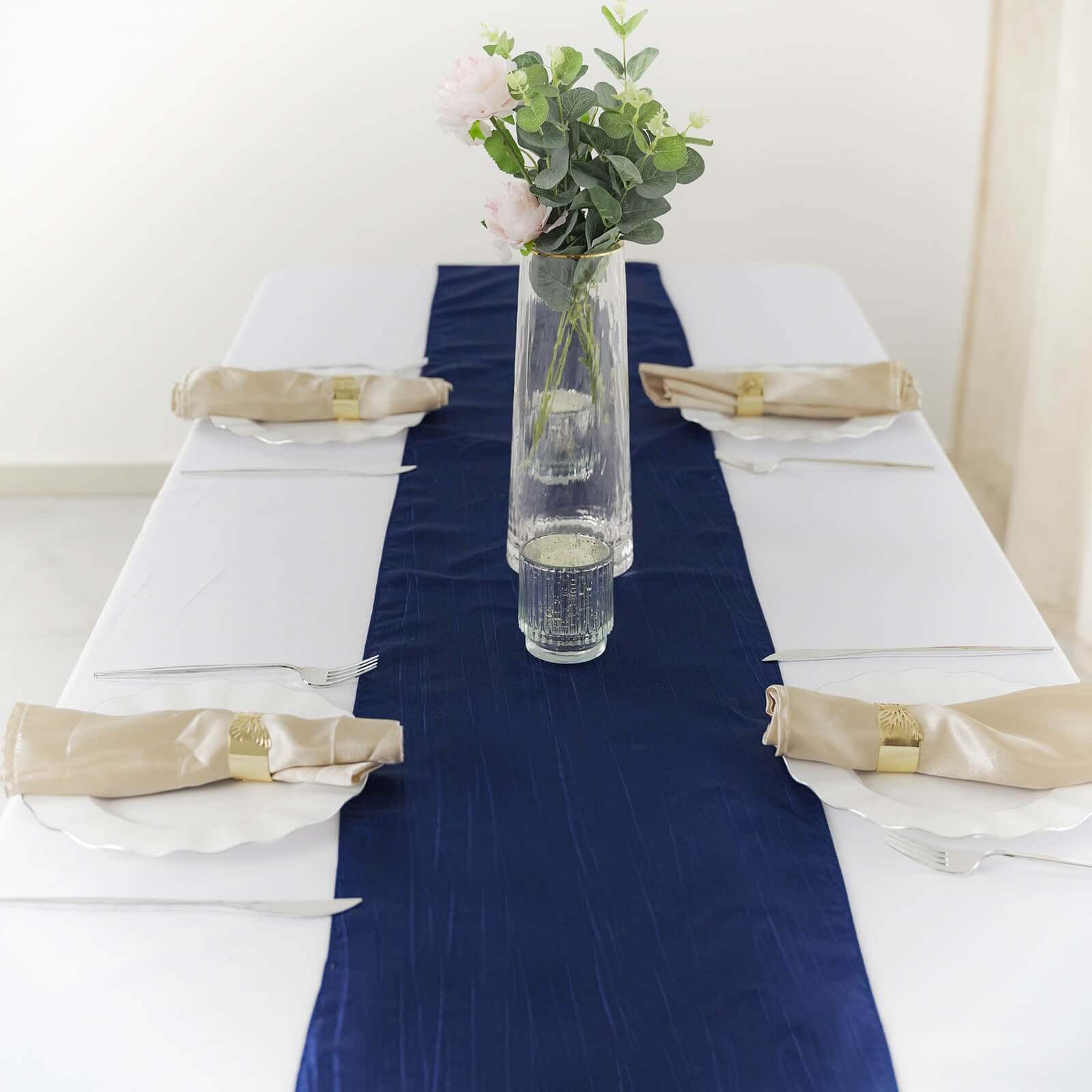 Taffeta 12"x108" Table Runner Navy Blue - Accordion Crinkle Design