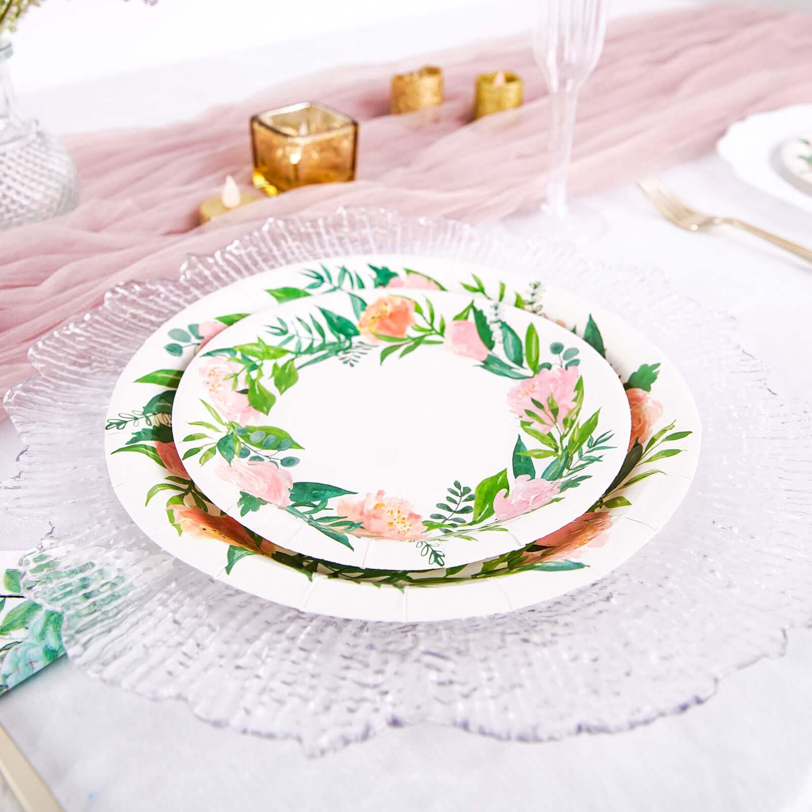 25-Pack Paper 7" Round Dessert Plates in White with Rose/Peony Flower Wreath - Disposable Appetizer Salad Plates for Special Occasions & Gatherings