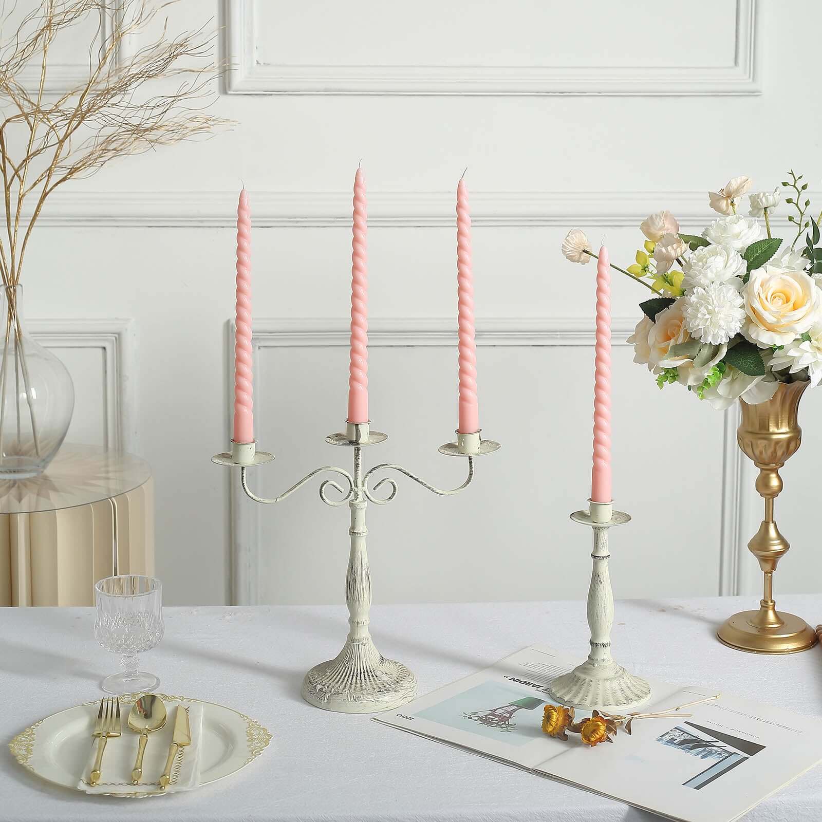 12-Pack Taper Candles Spiral Long Burn Wick Design Blush - Premium Unscented Wax Dinner Candle Sticks 11"